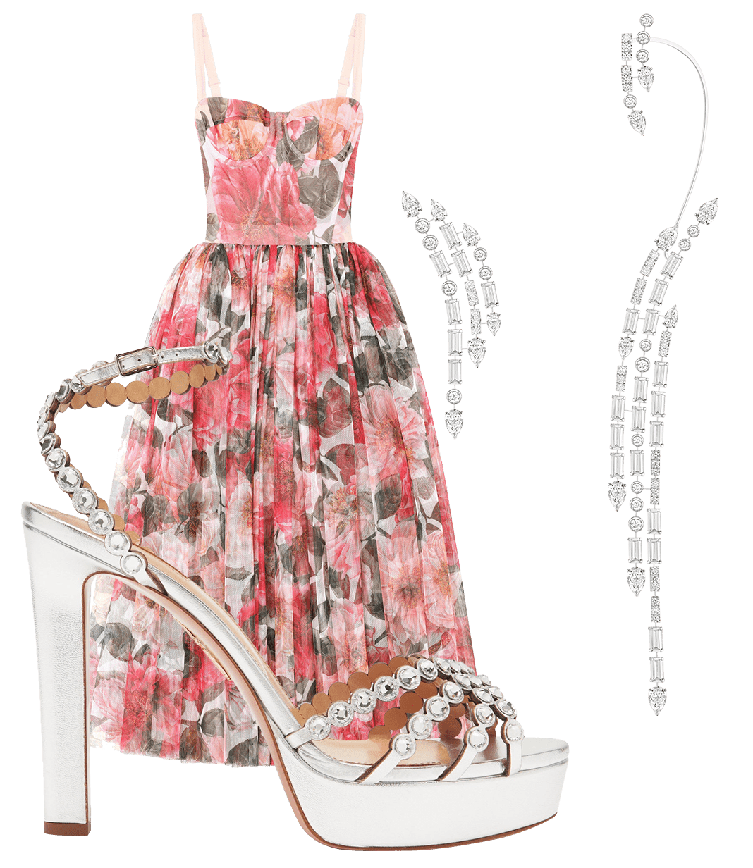 Платье Dolce & Gabbana, серьги-каффы Messika, босоножки Aquazzura Tequila