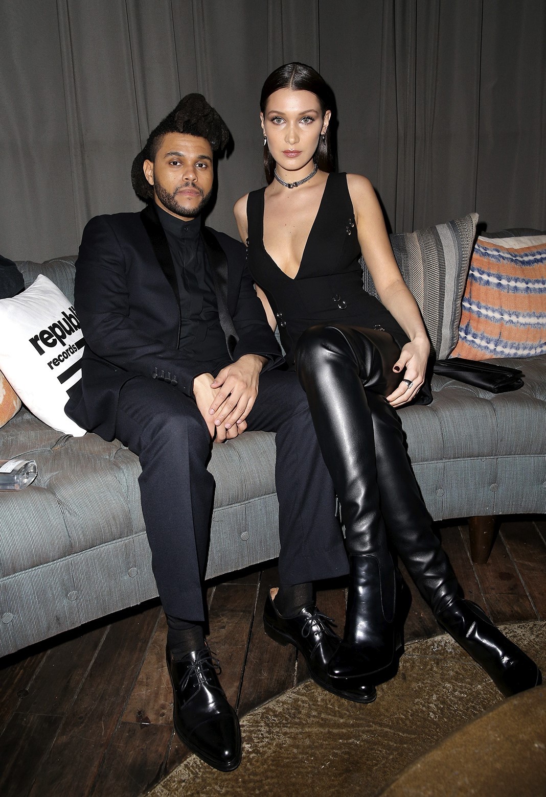 The Weeknd, Белла Хадид на церемонии награждения «Грэмми» Republic Records The Weeknd, на церемонии награждения «Грэмми» Republic Records в Лос-Анджелесе, 15 февраля 2016 г.