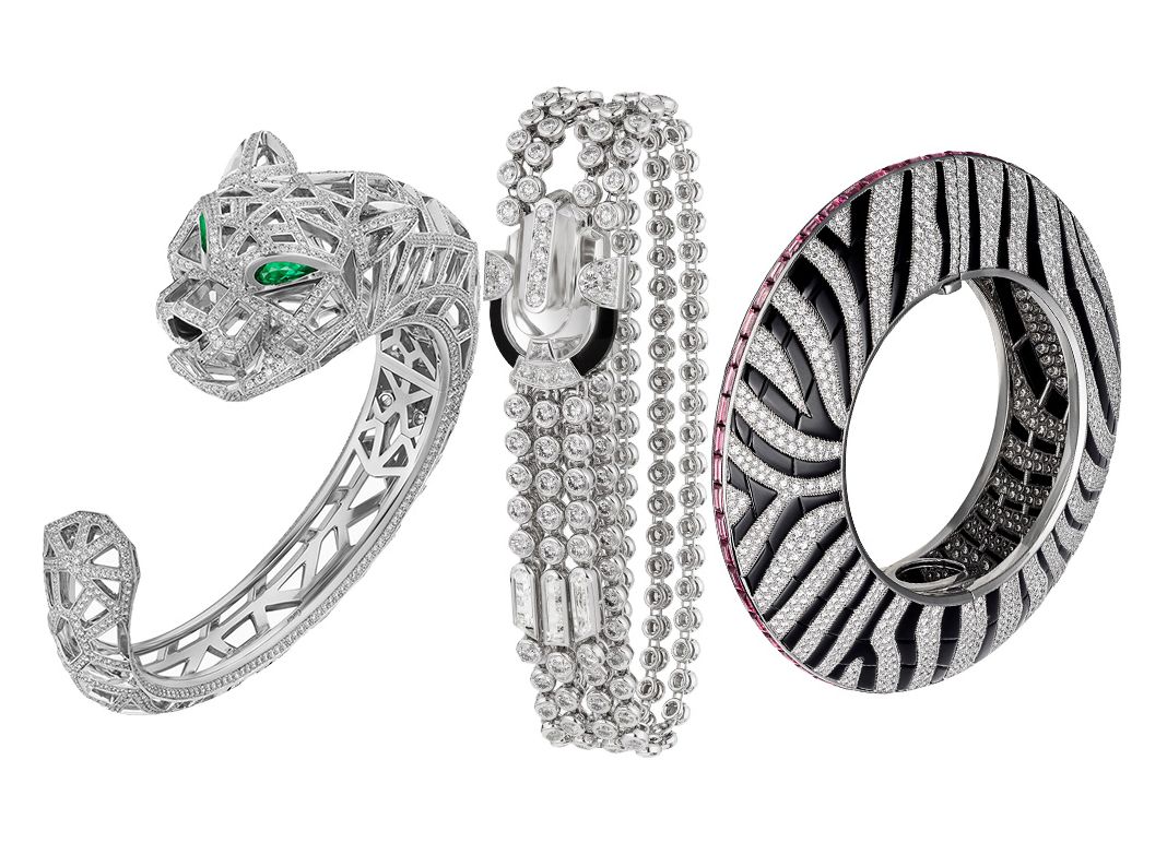 Браслет Panthère de Cartier из белого золота с изумрудами и бриллиантами; Браслет Cartier Géométrie & Contraste: белое золото, бриллианты, черный оникс; Браслет L’Odyssée de Cartier из белого золота с бриллиантами, гранатами и ониксом Браслет Panthère de Cartier; Браслет Cartier Géométrie & Contraste; Браслет L’Odyssée de Cartier