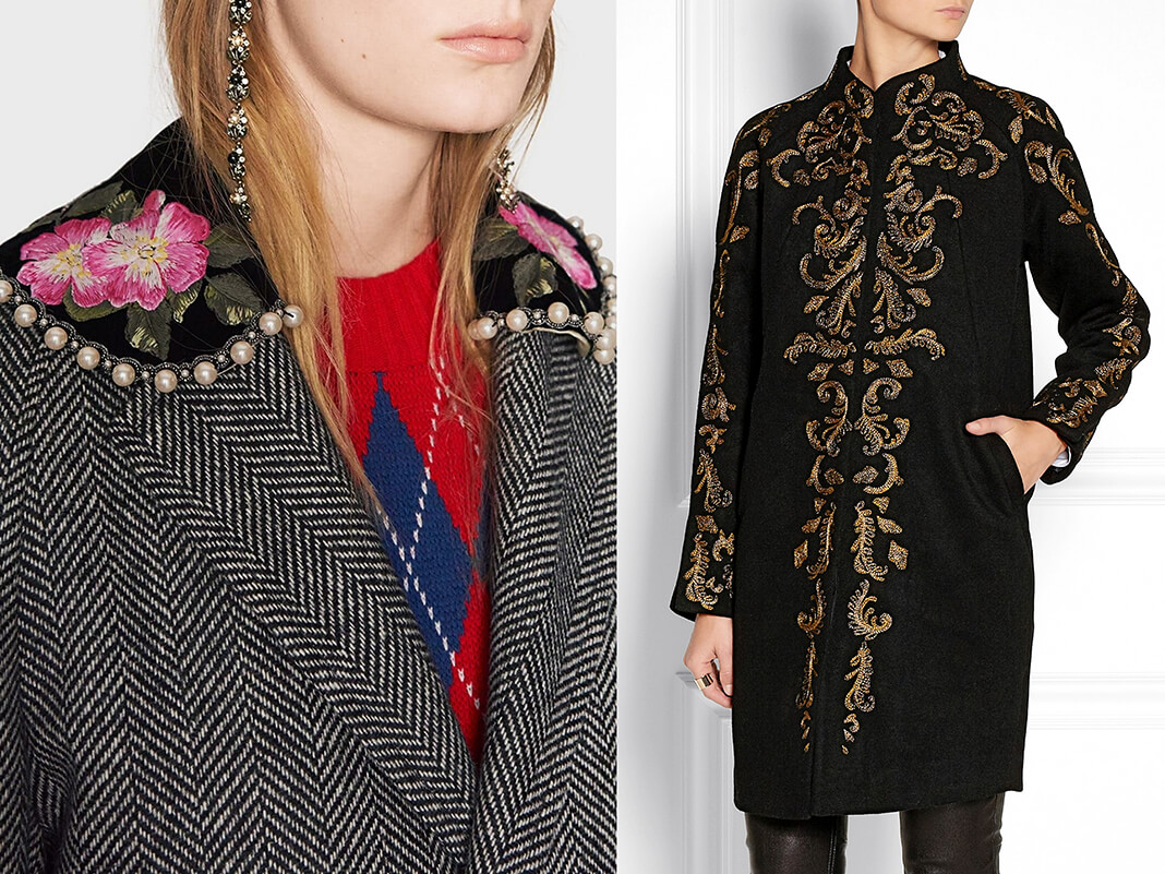 Пальто Gucci; черное пальто с вышивкой Пальто Gucci; пальто с вышивкой