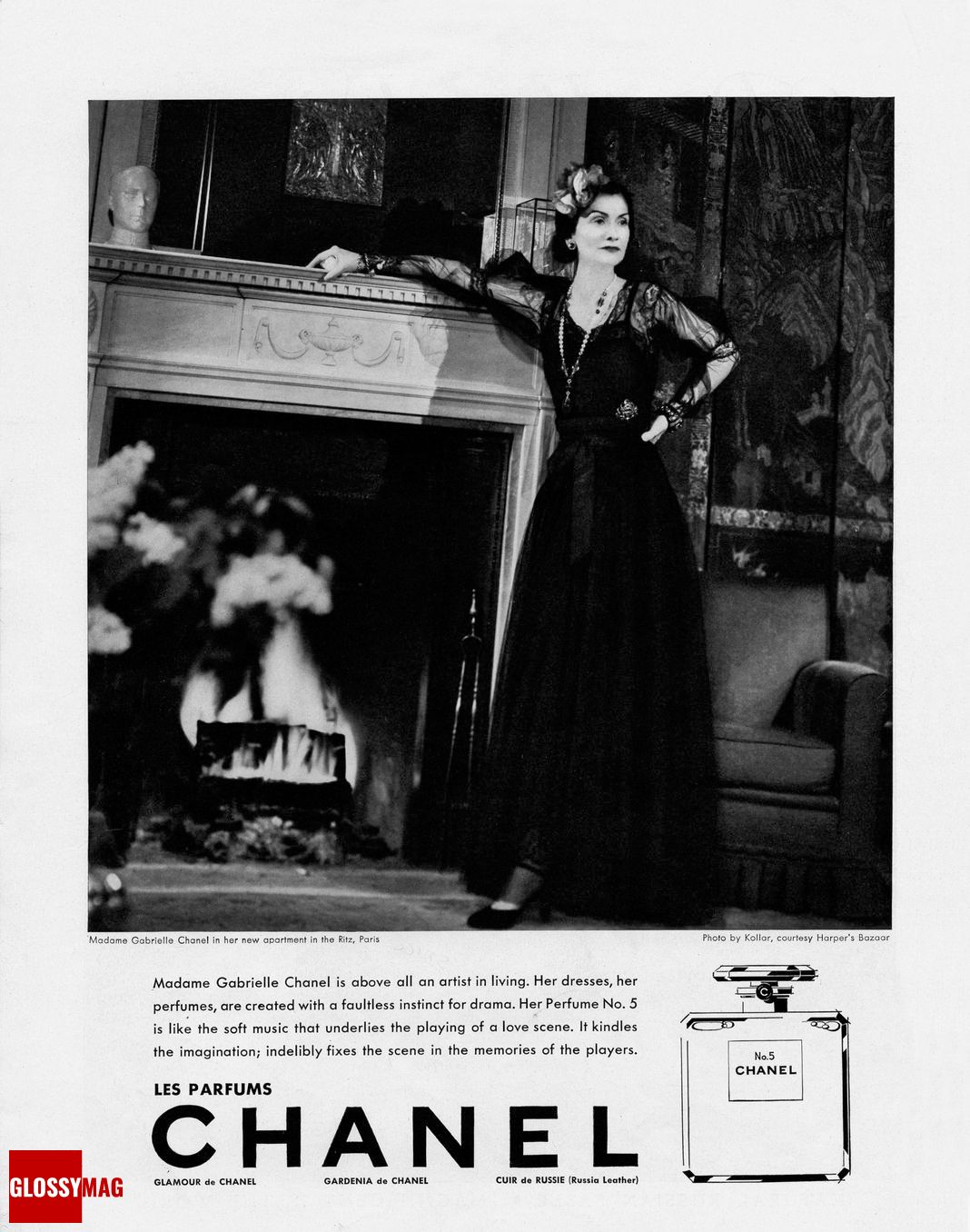 Габриэль Шанель рекламной кампании Chanel N°5, первоначально опубликованной в Harper's Bazaar Габриэль Шанель рекламной кампании Chanel N°5, первоначально опубликованной в Harper's Bazaar, 1937 г.