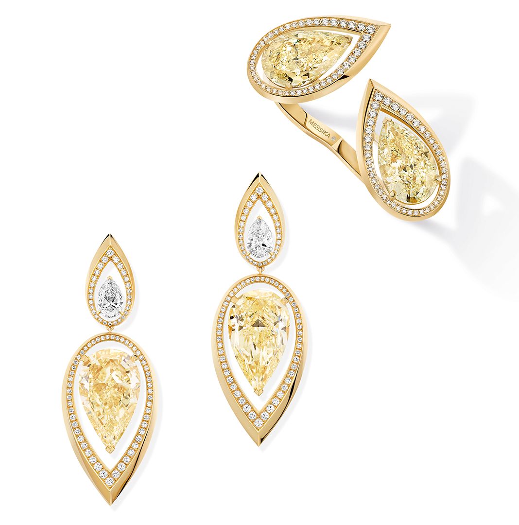 Серьги, кольцо Pear Appeal из коллекции Magnetic Attraction от Messika Серьги, кольцо Pear Appeal от Messika