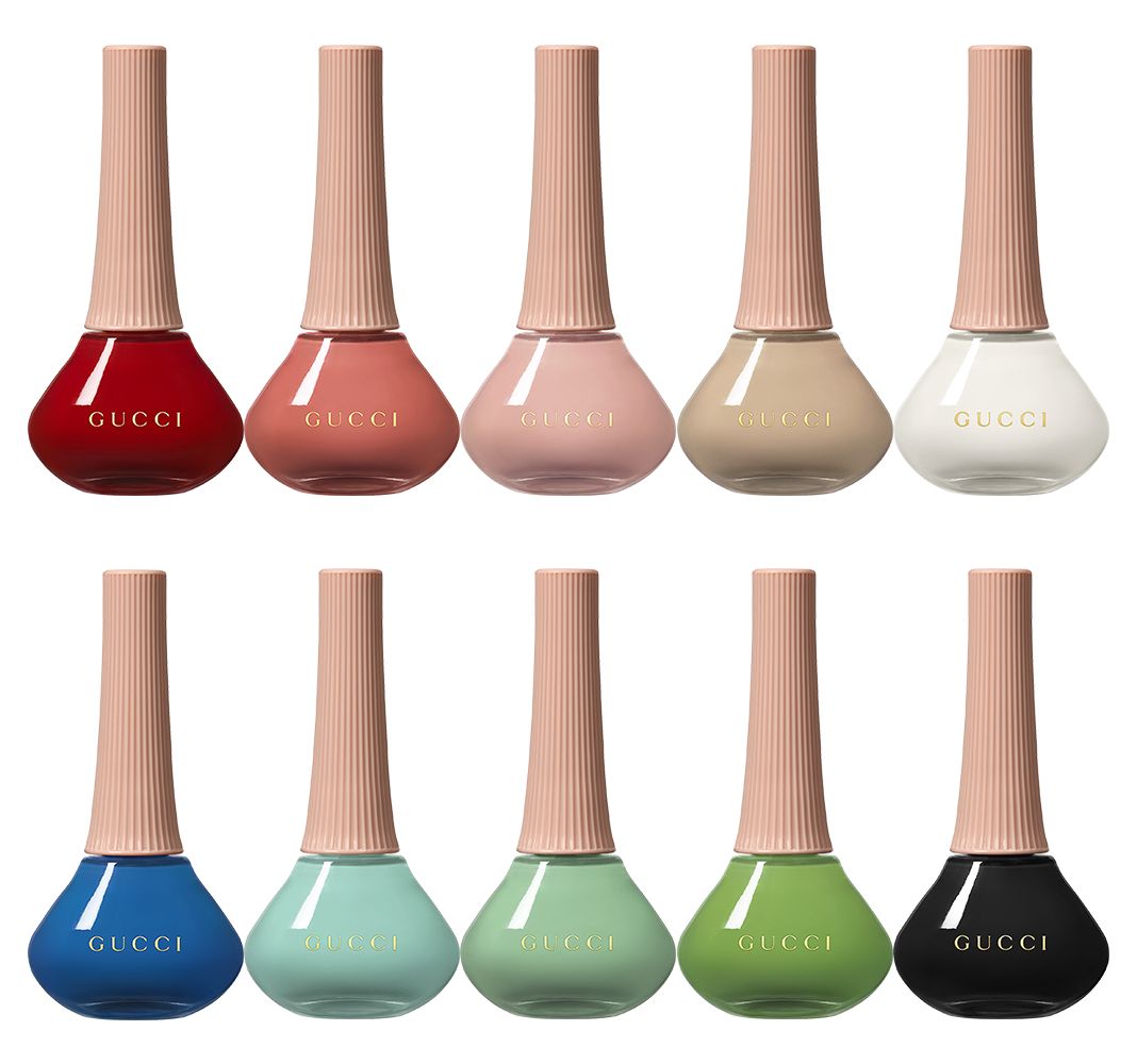 Gucci Beauty, лаки для ногтей с эффектом сияния Vernis À Ongles, оттенки: Goldie Red 25, Peggy Sunburn 414, Ellen Blush 413, Annabel Rose 212, Winterset Snow 715, Marcia Cobalt 717, Dorothy Turquoise 713, Miriam Mint 719, Melinda Green 712, Crystal Black 700 Gucci Beauty, коллекция лаков для ногтей с эффектом сияния Vernis À Ongles, 10 оттенков