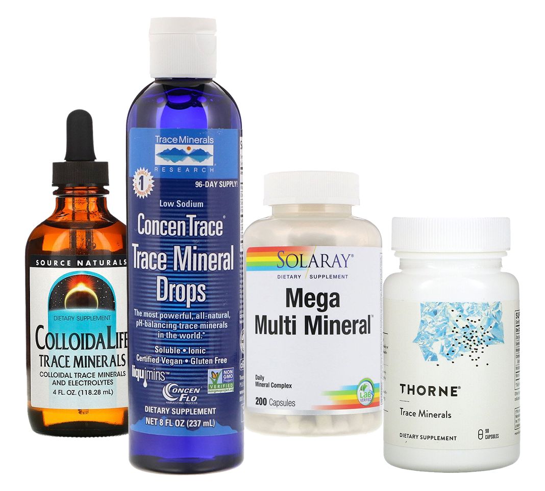 Source Naturals, коллоидные микроэлементы для жизни; Trace Minerals Research, ConcenTrace, микроэлементы в форме капель; Solaray, мультиминералы; Thorne Research, микроэлементы