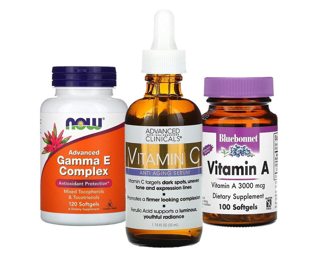 Now Foods, добавка с полным спектром витамина Е; Advanced Clinicals, антивозрастная сыворотка с витамином C; Bluebonnet Nutrition, витамин A Now Foods витамин Е; Advanced Clinicals витамин C; Bluebonnet Nutrition витамин A