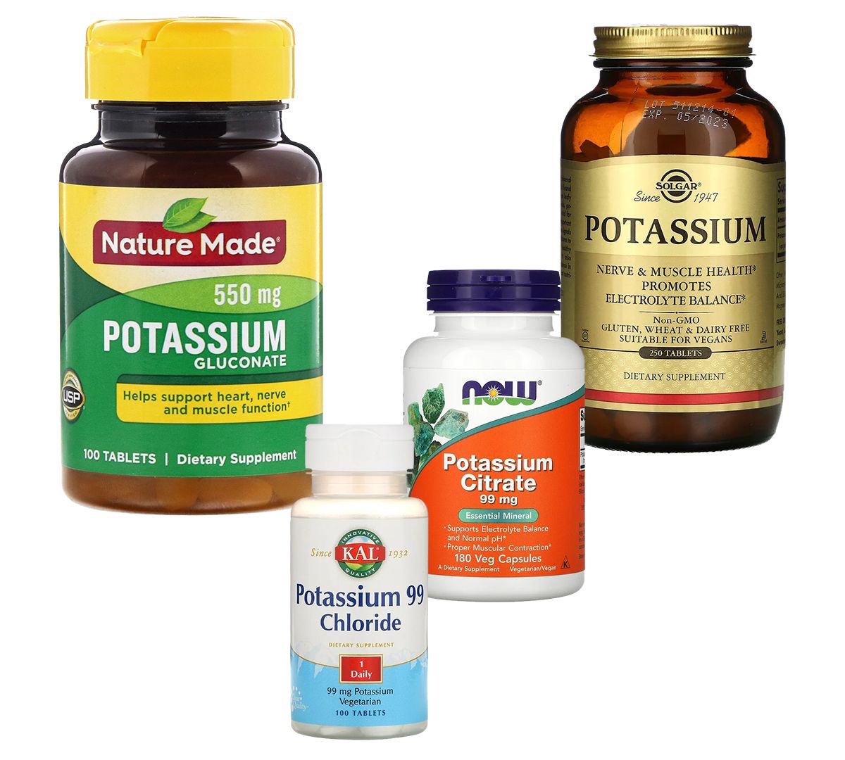 Nature Made, калия глюконат; KAL, хлорид калия 99; Now Foods, калий цитрат; Solgar, калий Витамины: Nature Made, калия глюконат; KAL, хлорид калия 99; Now Foods, калий цитрат; Solgar, калий
