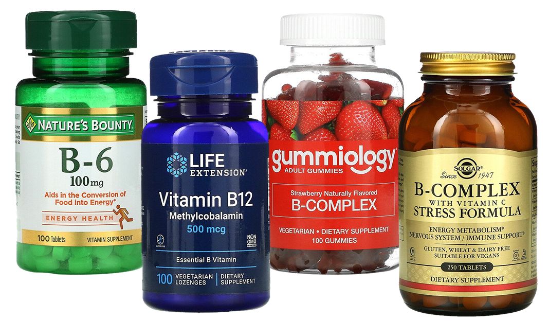 Nature's Bounty, Витамин B6; Life Extension, витамин B12; Gummiology, жевательные таблетки с комплексом витаминов B; Solgar, комплекс витаминов B с витамином C, формула для борьбы со стрессом Nature's Bounty, Витамин B6; Life Extension, витамин B12; Gummiology витамин B; Solgar витамин B с витамином C