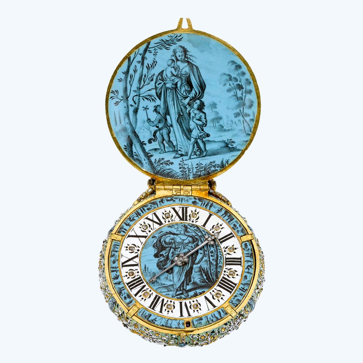 Часы «Умеренность, Милосердие и Надежда» (Temperance, Charity and Hope) с подвеской из золота, эмали и бриллиантов, Jehan Cremsdorff, Париж, около 1650 г. Часы «Умеренность, Милосердие и Надежда» (Temperance, Charity and Hope) с подвеской из золота, эмали и бриллиантов, Jehan Cremsdorff, Париж, около 1650 г.