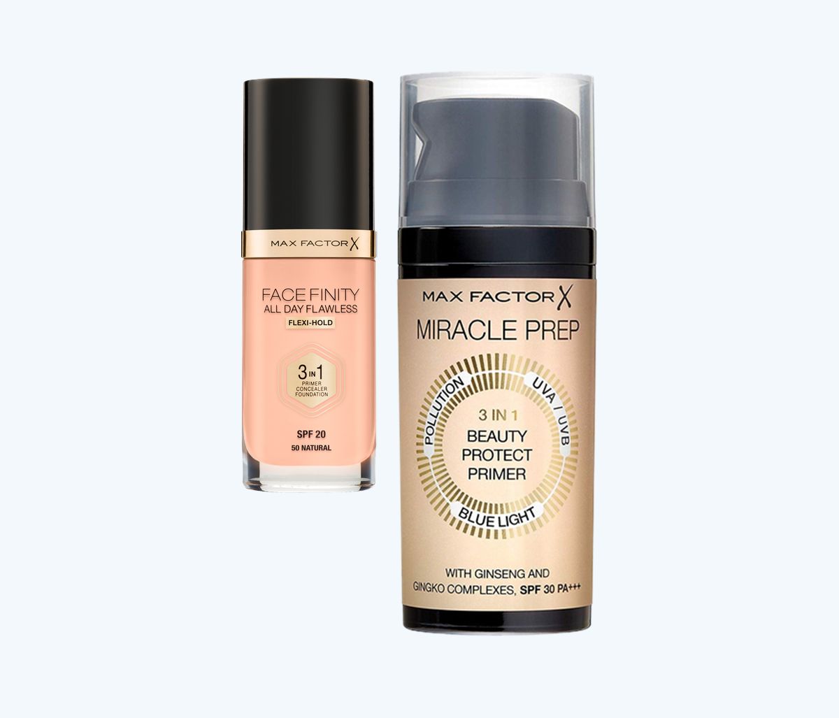 Max Factor, тональная основа Facefinity All Day Flawless 3 В 1, оттенок 50 Natural; праймер для лица Miracle Prep 3 в 1 Beauty Protect Primer SPF30 PA +++ Max Factor, Facefinity All Day Flawless 3 В 1; Miracle Prep 3 в 1 Beauty Protect Primer