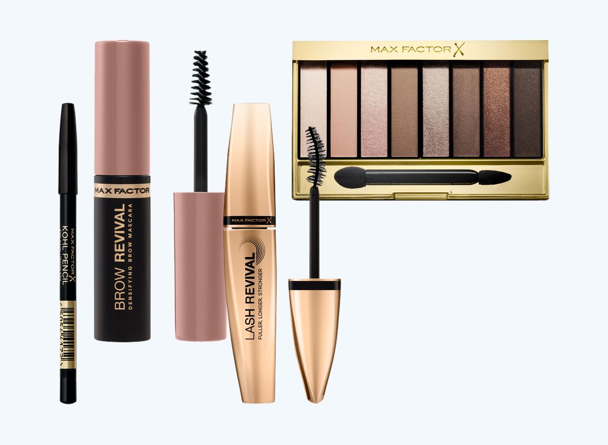 Max Factor, карандаш для макияжа глаз Kohl Pencil, оттенок 020 Black; тушь для бровей Max Factor Brow Revival, оттенок 001 Dark Blonde; тушь для ресниц Lash Revival с экстрактом бамбука, оттенок 003 Extreme Black; палетка теней для век Masterpiece Nude Palette, оттенок 01 Cappuccino Nudes Max Factor, Kohl Pencil; Max Factor Brow Revival; Lash Revival; Masterpiece Nude Palette