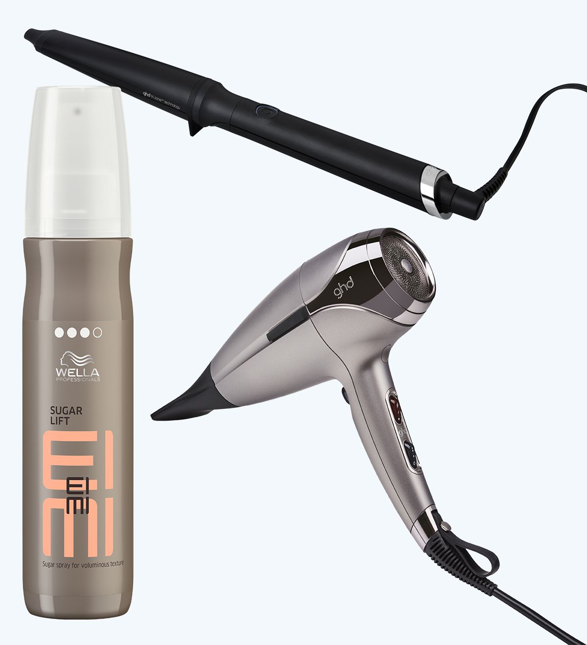 Wella Professionals, сахарный спрей для объемной текстуры Sugar Lift EIMI; ghd, конический стайлер curve creative curl wand; ghd, фен Helios Wella Professionals, спрей Sugar Lift EIMI; ghd, плойка curve creative curl wand; ghd, фен Helios