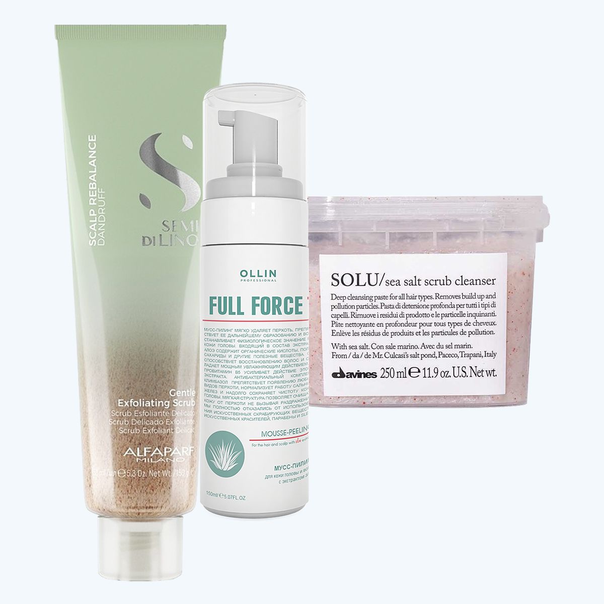 Alfaparf Milano, скраб против перхоти Semi Di Lino Scalp Rebalance Dandruff Gentle Exfoliating Scrub; Ollin Professional, мусс-пилинг для кожи головы и волос с экстрактом алоэ Full Force Mousse-Peeling For Hair & Scalp With Aloe Extract; Davines, скраб с морской солью Solu Sea Salt Scrub Cleanser Alfaparf Milano Semi Di Lino Scalp Rebalance Dandruff Gentle Exfoliating Scrub; Ollin Professional Full Force Mousse-Peeling For Hair & Scalp With Aloe Extract; Davines Solu Sea Salt Scrub Cleanser
