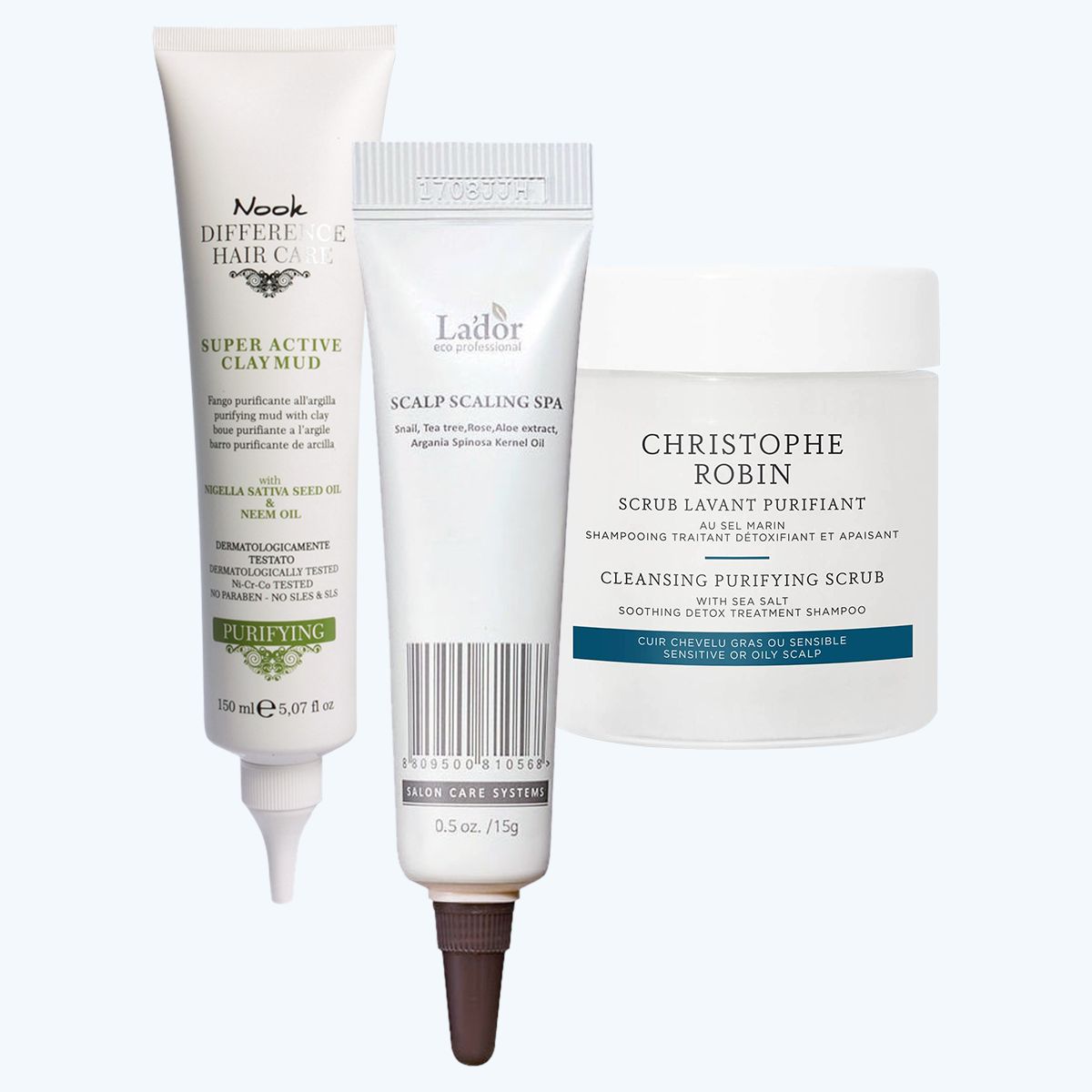 Nook, суперактивная очищающая глина для кожи головы Difference Hair Care Purifying Clay Mud; La'dor, пилинг для кожи головы Scalp Scaling Spa; Christophe Robin, очищающий скраб Cleansing Purifying Scrub Nook Difference Hair Care Purifying Clay Mud; La'dor Scalp Scaling Spa; Christophe Robin Cleansing Purifying Scrub
