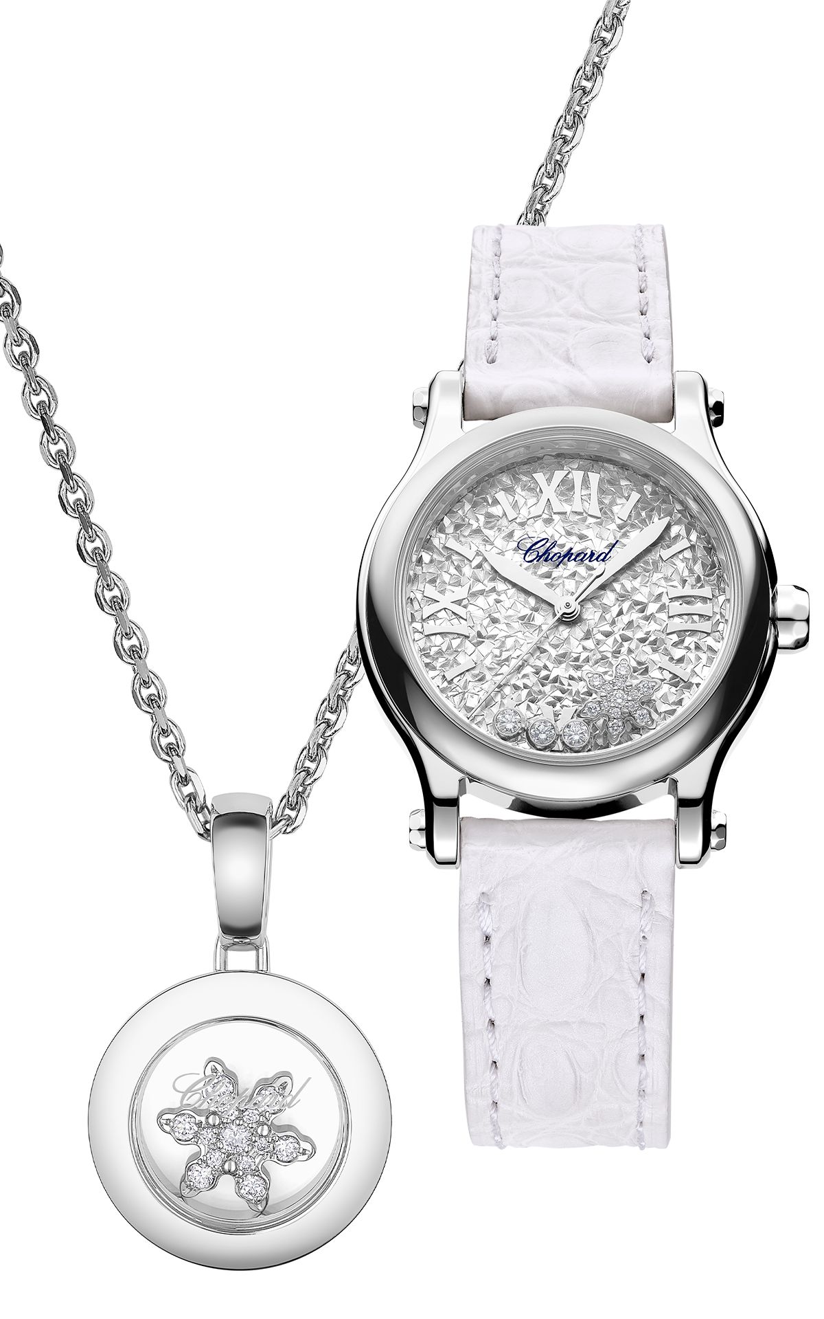 подвеска из «этичного» 18-каратного белого золота с подвижной снежинкой; часы Chopard Happy Snowflakes из стали с полированным ободком подвеска с подвижной снежинкой; часы Chopard Happy Snowflakes с полированным ободком