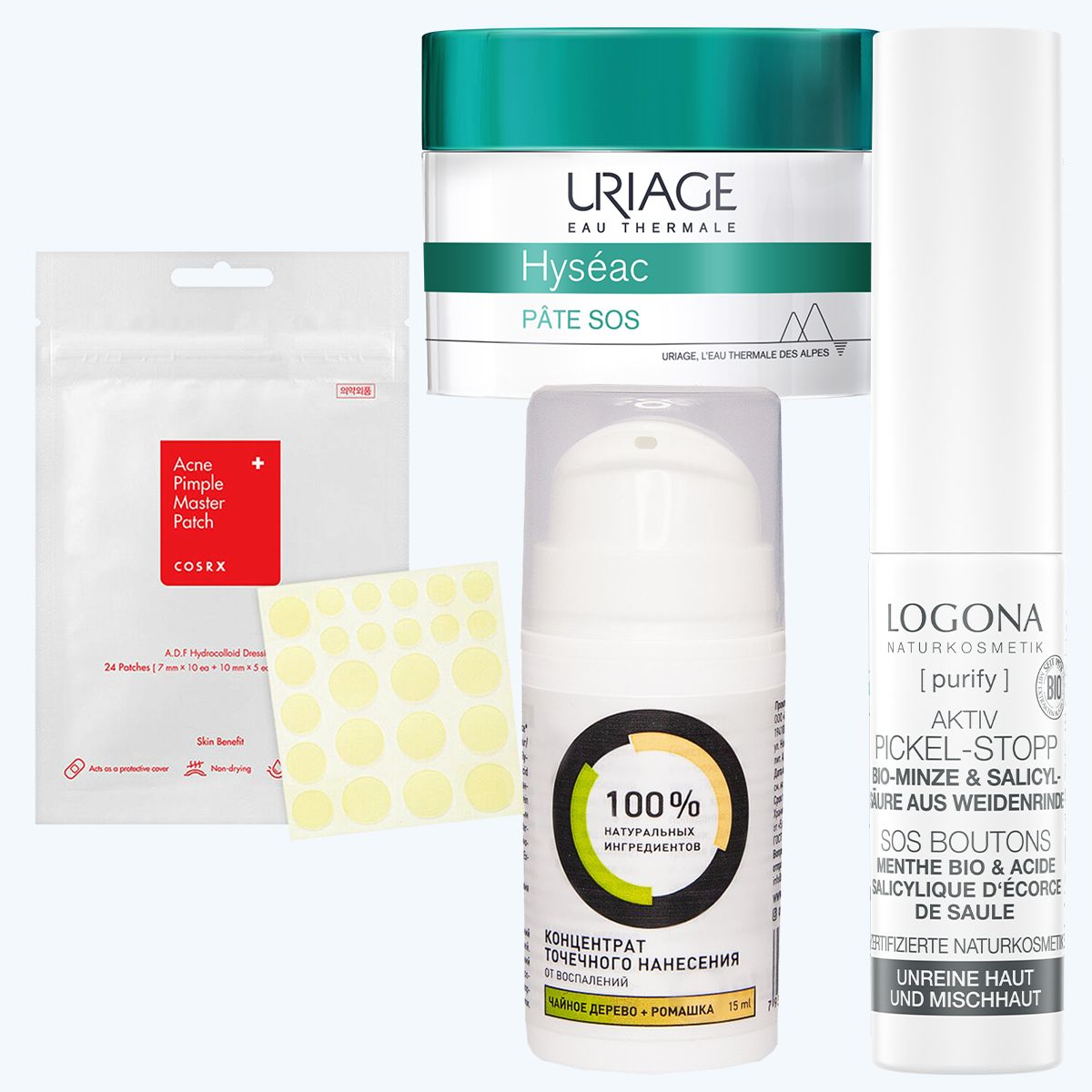 COSRX, патчи Acne Pimple Master; Uriage, SOS-паста Hyseac; Onme, концентрат точечного нанесения; Logona, средство активное против высыпаний на лице COSRX Acne Pimple Master, Uriage Hyseac; Onme концентрат, Logona средство против высыпаний на лице