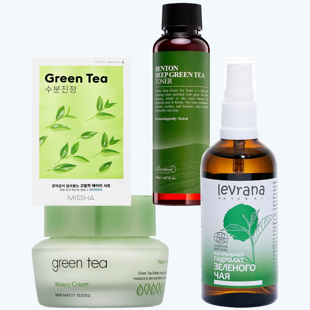 Missha, успокаивающая маска Airy Fit Green Tea; Benton, увлажняющий тоник для лица Deep Green Tea; It's Skin, крем для лица Green Tea Watery; Levrana, натуральный гидролат зеленого чая Missha Airy Fit Green Tea, Benton Deep Green Tea, It's Skin Green Tea Watery, Levrana гидролат зеленого чая