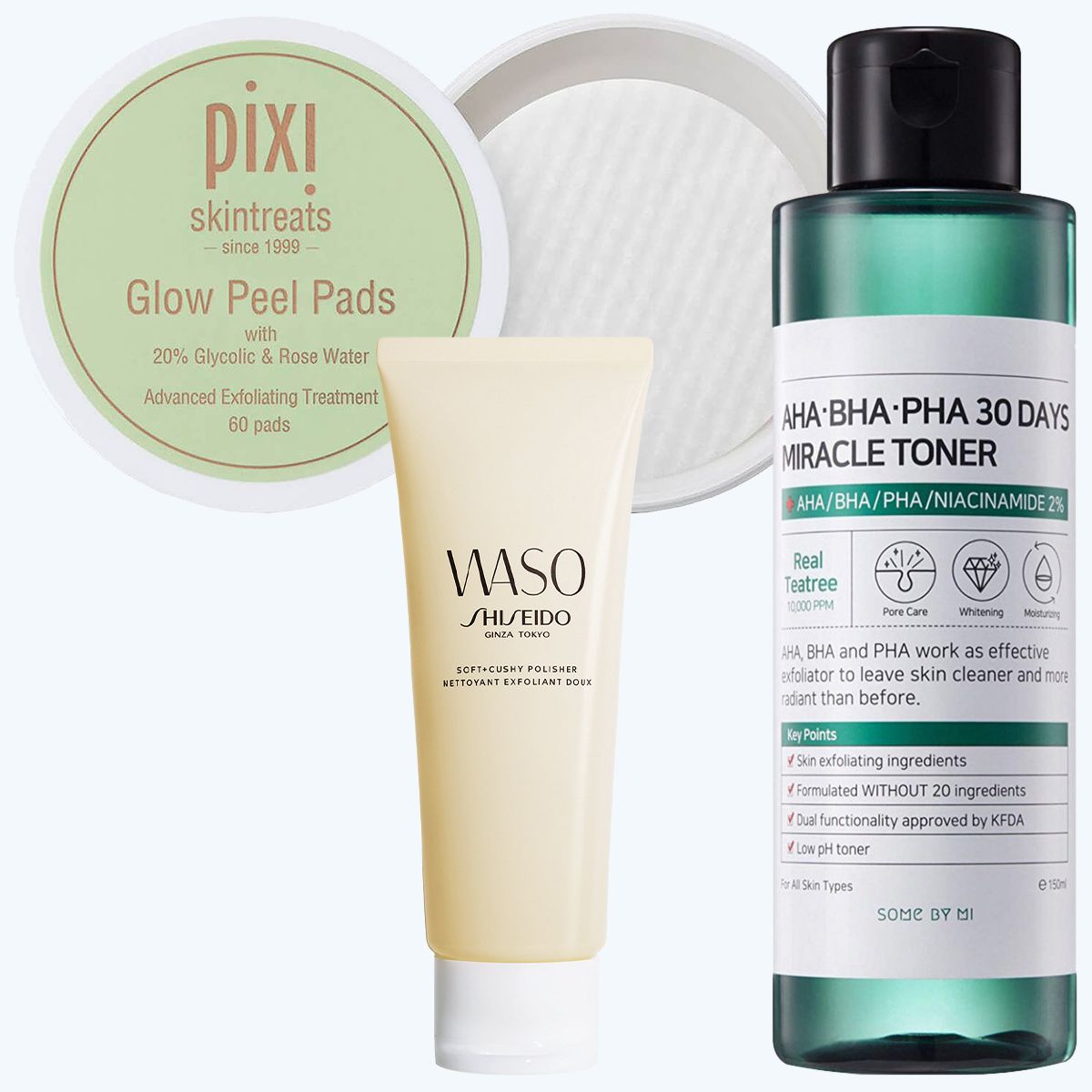 Pixi, отшелушивающие диски Glow Peel Pads; Shiseido, мягкий эксфолиант Waso Soft and Cushy Polisher; Some By Mi, кислотный очищающий тоник AHA-BHA-PHA 30 Days Miracle Toner Pixi Glow Peel Pads, Shiseido Waso Soft and Cushy Polisher, Some By Mi AHA-BHA-PHA 30 Days Miracle Toner