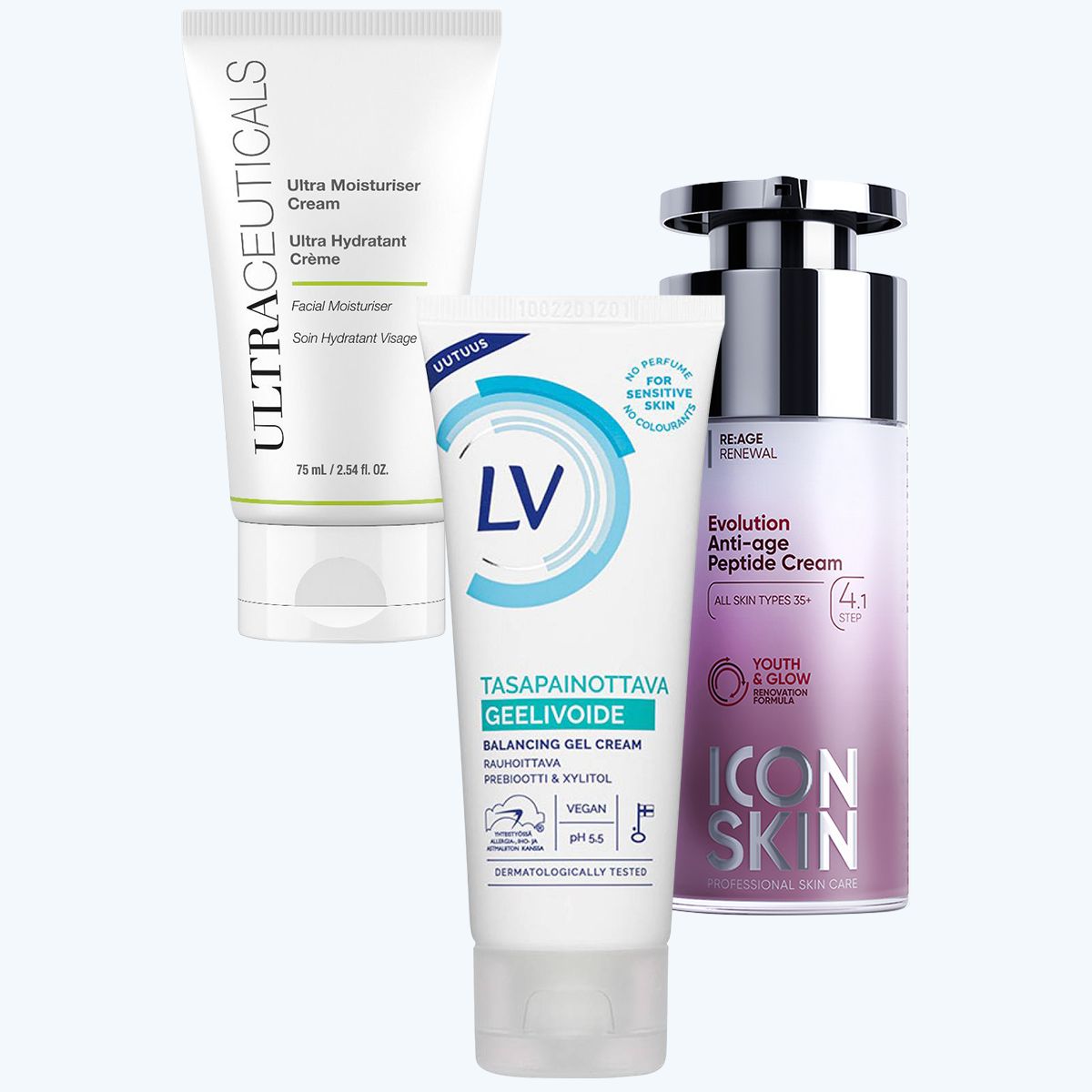 UltraCeuticals, крем Ultra Moisturiser Cream; LV, балансирующий крем-гель с пребиотиками Balancing Face Gel-cream For sensitive skin; Icon Skin, омолаживающий крем Evolution Anti-age Peptide Cream UltraCeuticals Ultra Moisturiser Cream, LV Balancing Face Gel-cream For sensitive skin, Icon Skin Evolution Anti-age Peptide Cream