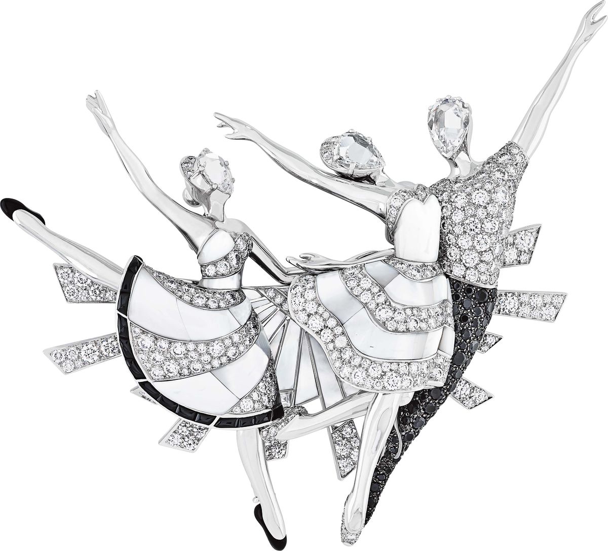 Брошь Pas de Trois Van Cleef & Arpels (белое золото, бриллианты, черная шпинель, белый перламутр) Брошь Pas de Trois Van Cleef & Arpels