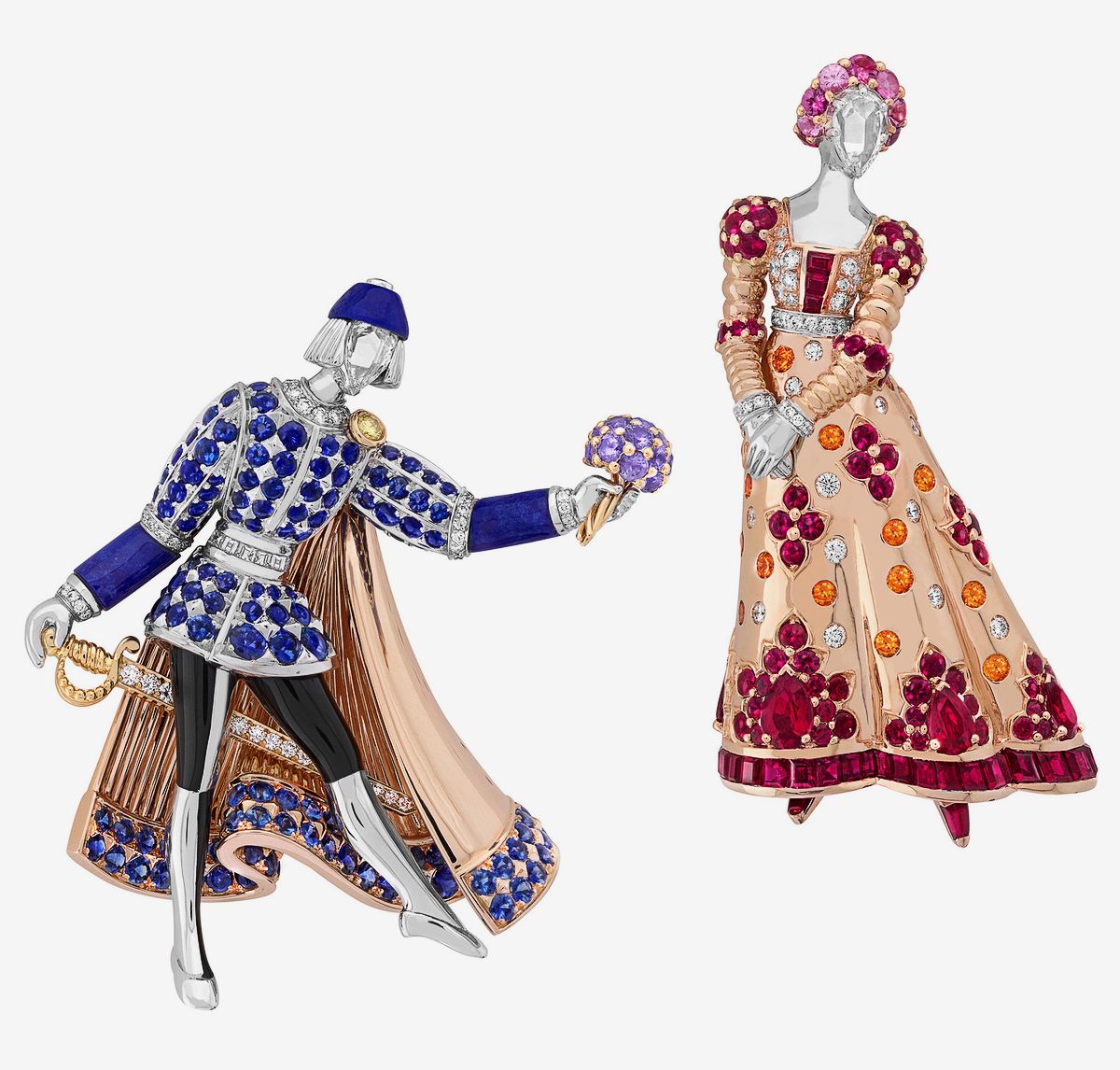 Коллекция Romeo & Julie: брошь Romeo (сапфиры, лазуриты, белое золото, черный лак, желтый бриллиант), брошь Juliet (полированное золото, оранжевые сапфиры, гранаты, рубины, бриллианты) Коллекция Romeo & Julie: брошь Romeo, брошь Juliet
