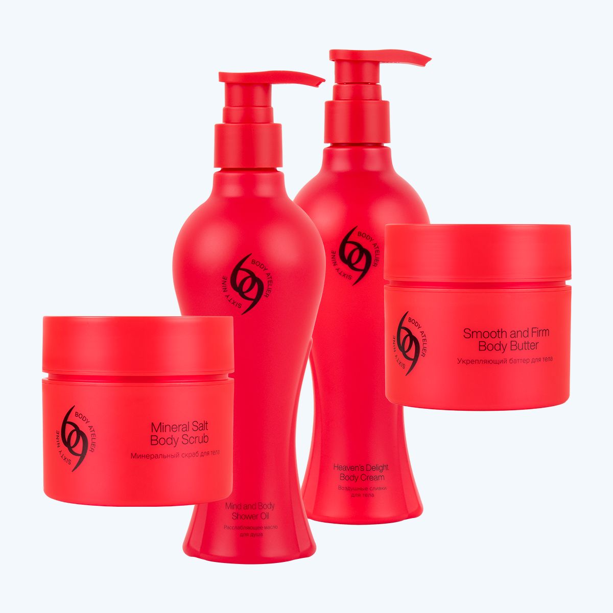 Коллеккция 69 Body Atelier Sixty Nine: минеральный скраб для тела Mineral Salt Body Scrub; расслабляющее масло для душа Mind and Body Shower Oil; воздушные сливки для тела Heaven’s Delight Body Cream; укрепляющий баттер для тела Smooth and Firm Body Butter Коллеккция 69 Body Atelier Sixty Nine: Mineral Salt Body Scrub, Mind and Body Shower Oil, Heaven’s Delight Body Cream, Smooth and Firm Body Butter