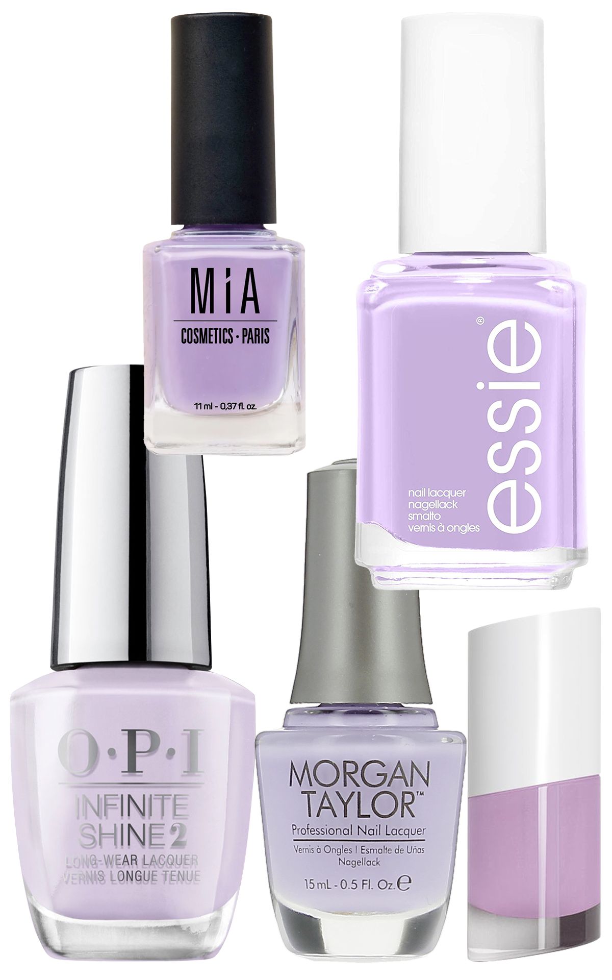 Лак Mia, оттенок Ametyst; лак Essie, оттенок 37 Лиловомания; лак OPI Infinite Shine, оттенок In Pursiut Of Purple; лак Morgan Taylor, оттенок P.S. I Love You; лак Zara, оттенок Лаванда Лак Mia Ametyst; лак Essie 37 Лиловомания; лак Zara Лаванда; лак OPI Infinite Shine In Pursiut Of Purple; лак Morgan Taylor P.S. I Love You