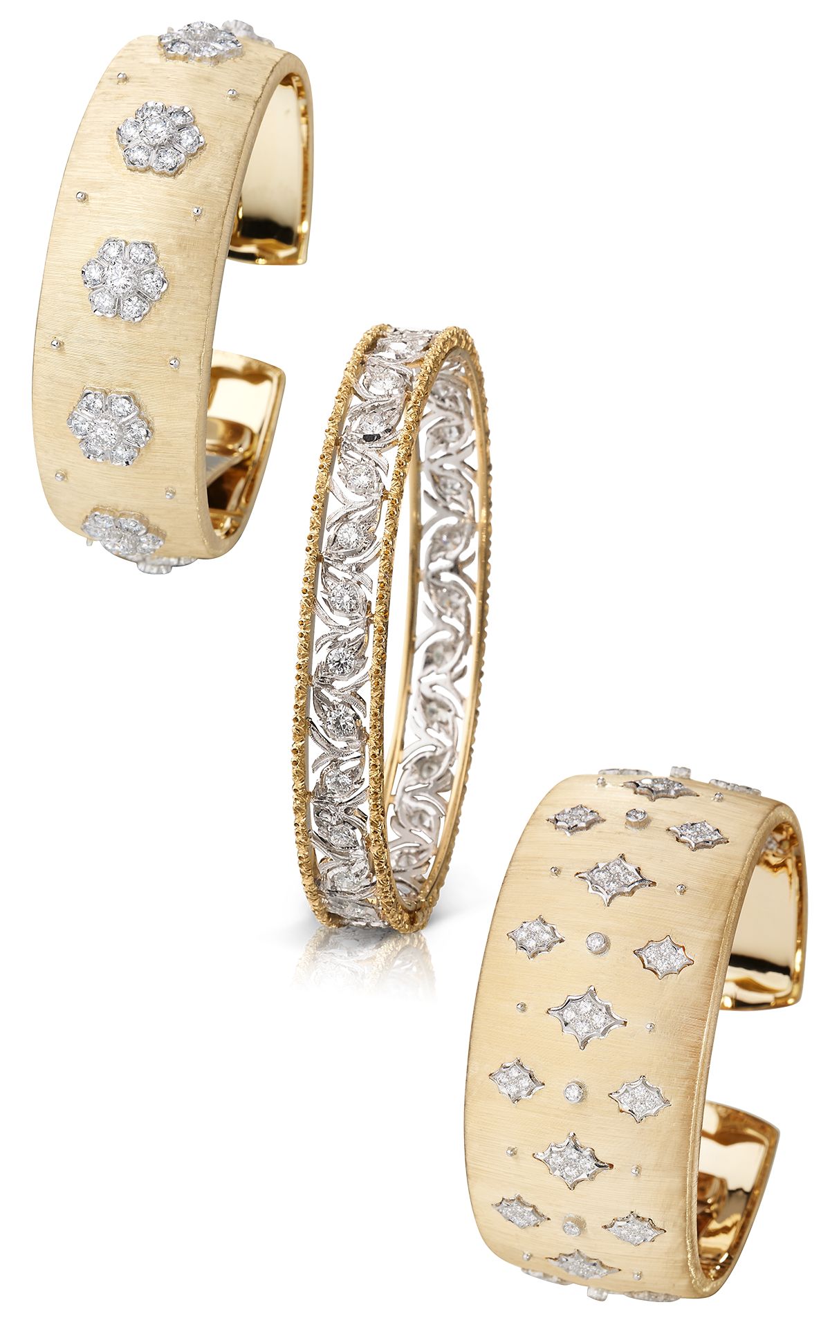 Браслеты Buccellati Opera Cuff из желтого и белого золота с бриллиантами, браслет Buccellati Ramage Bangle из белого и желтого золота с бриллиантами Браслеты Buccellati Opera Cuff, браслет Buccellati Ramage Bangle