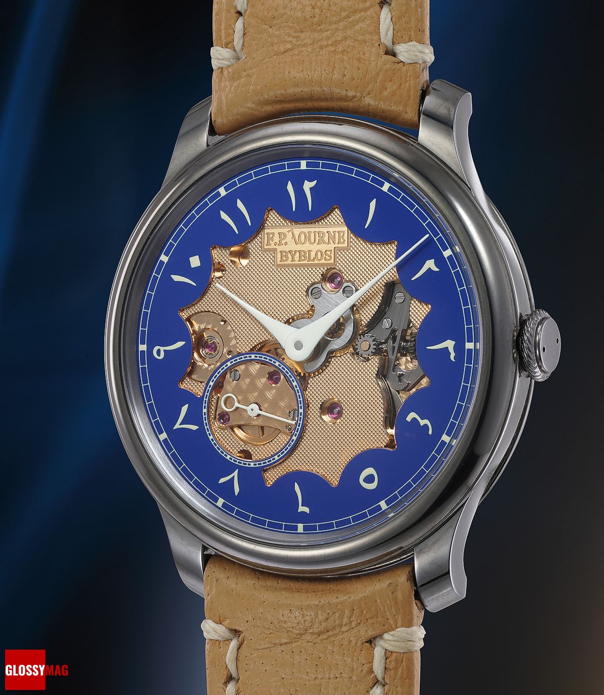 Часы F.P.Journe Chronomètre Bleu — Byblos в корпусе из тантала с ажурным циферблатом, позволяющим увидеть механизм, и арабскими цифрами