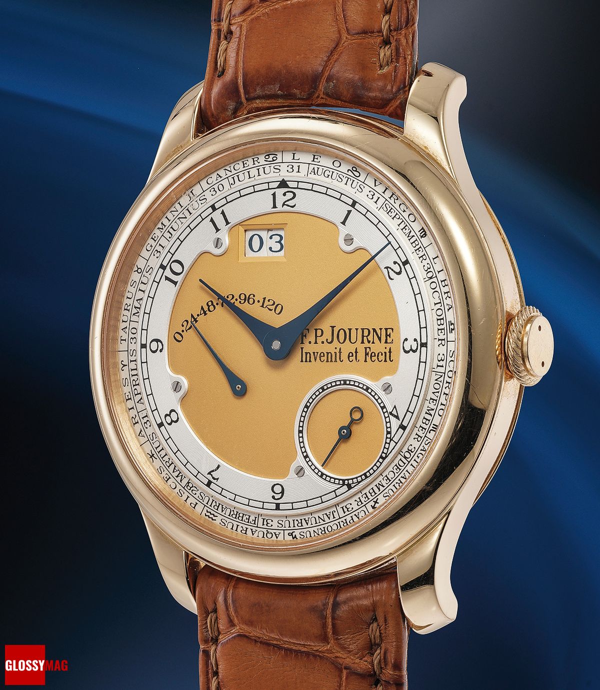 Часы F.P.Journe Octa Zodiaque «Piece Unique» в корпусе из розового золота с указателями даты, месяца, знака зодиака и запаса хода. Созданы в 2005 г. для благотворительной организации Children Action