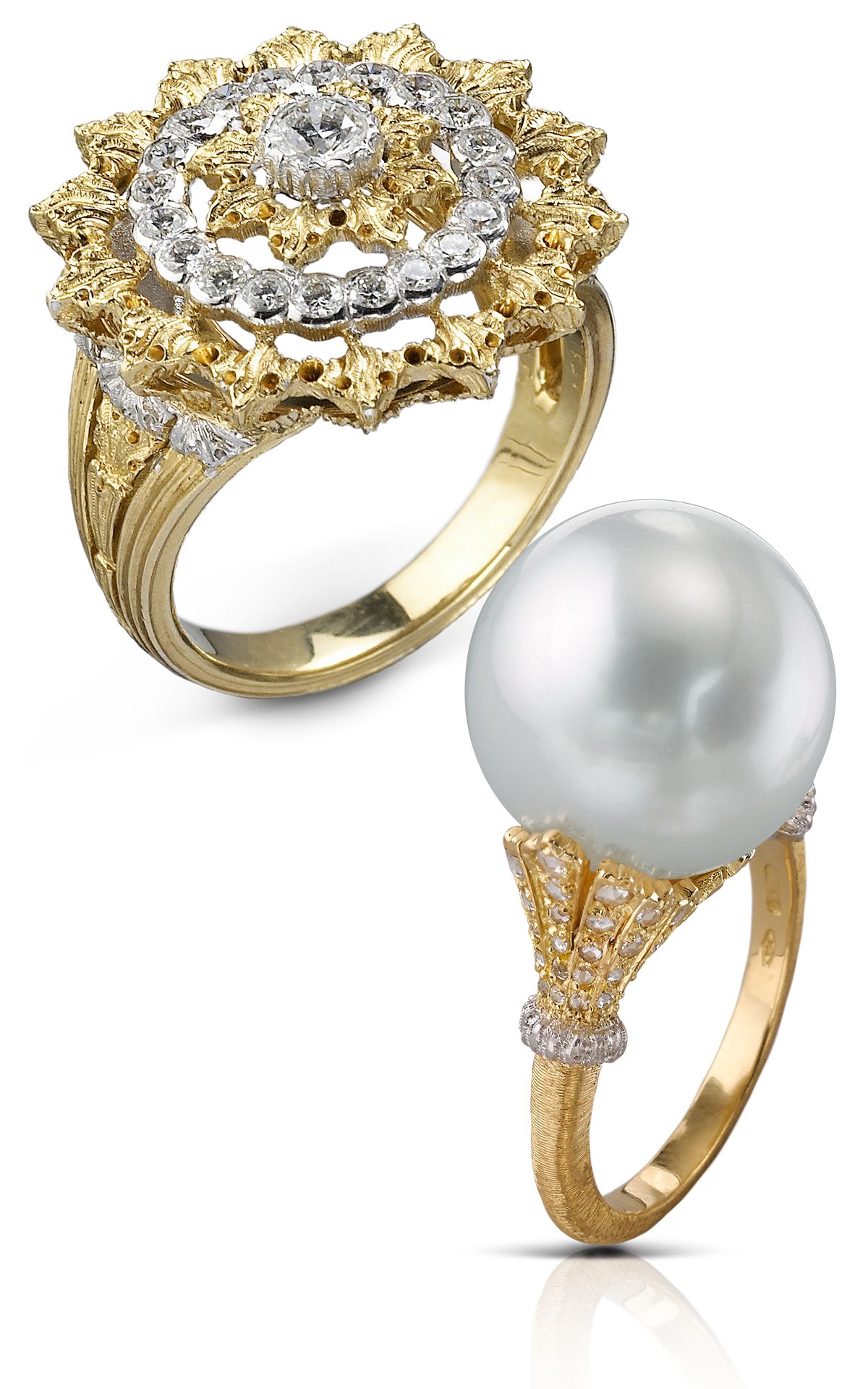 Кольцо Buccellati Costella из желтого и белого золота с бриллиантами, кольцо Buccellati Rolo из желтого и белого золота с одной барочной жемчужиной и бриллиантами огранки «роза» Кольцо Buccellati Costella, кольцо Buccellati Rolo