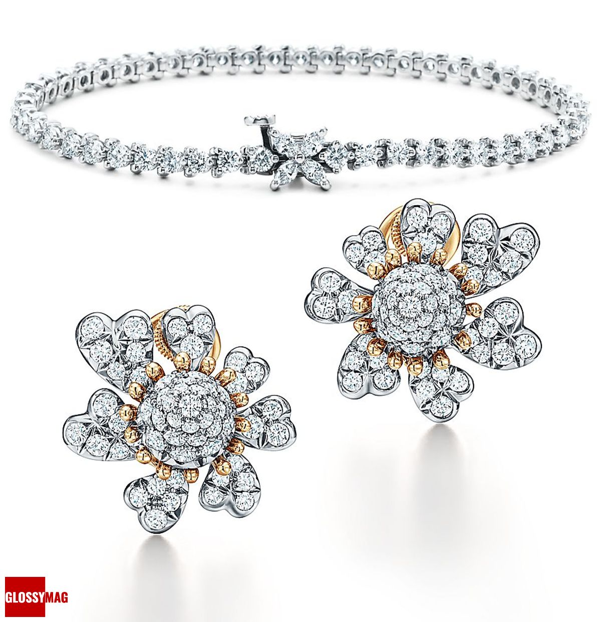 Tiffany & Co., Теннисный браслет Tiffany Victoria из платины с бриллиантами; серьги-клипсы Tiffany & Co. Schlumberger® из платины и золота с бриллиантами Теннисный браслет Tiffany Victoria из платины с бриллиантами; серьги-клипсы Tiffany & Co. Schlumberger® из платины и золота с бриллиантами