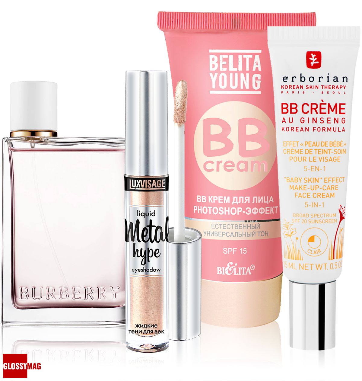 Burberry, Blossom; Luxvisage, жидкие тени Metal Hype; Belita, BB крем для лица Photoshop-эффект; Erborian, BB-крем с женьшенем Clair