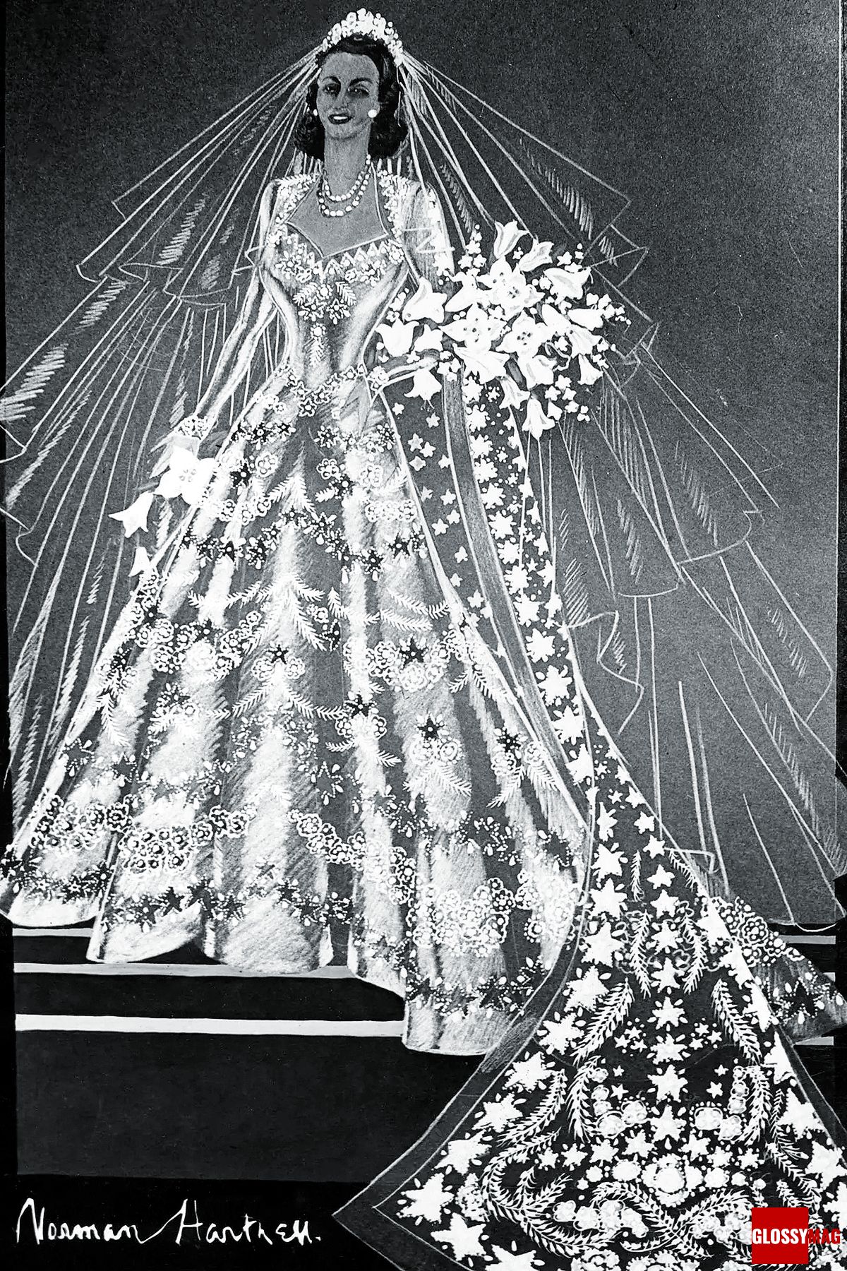 Эскиз свадебного платья Елизаветы от Нормана Хартнелла, 1947 г. Эскиз свадебного платья принцессы Елизаветы от Нормана Хартнелла, 1947 г.