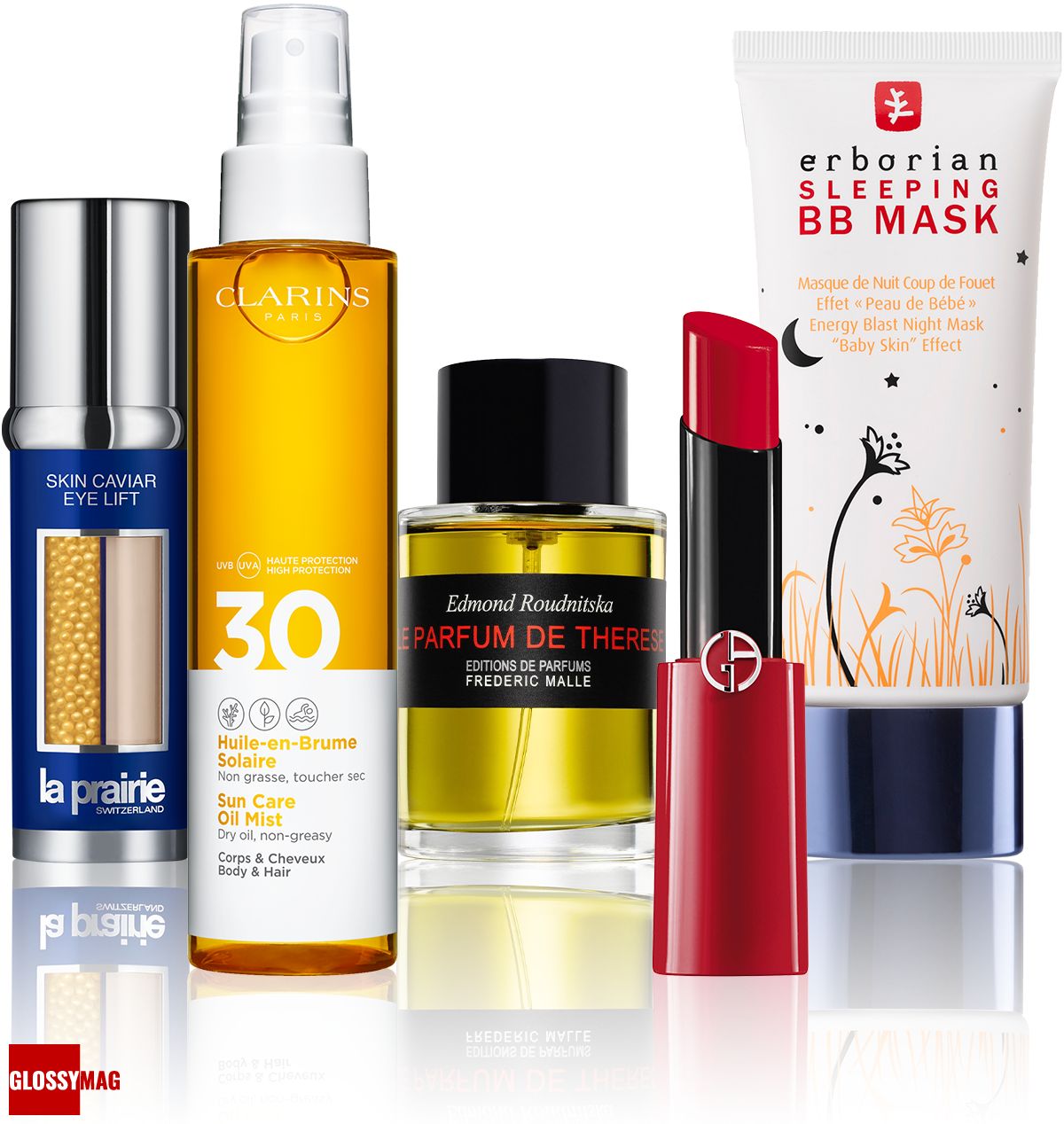 La Prairie Skin Caviar Eye Lift, Clarins Huile-en-Brume Solaire SPF 30, Frédéric Malle Le parfum de Thérèse, Giorgio Armani Ecstasy Shine, Erborian Sleeping BB Mask