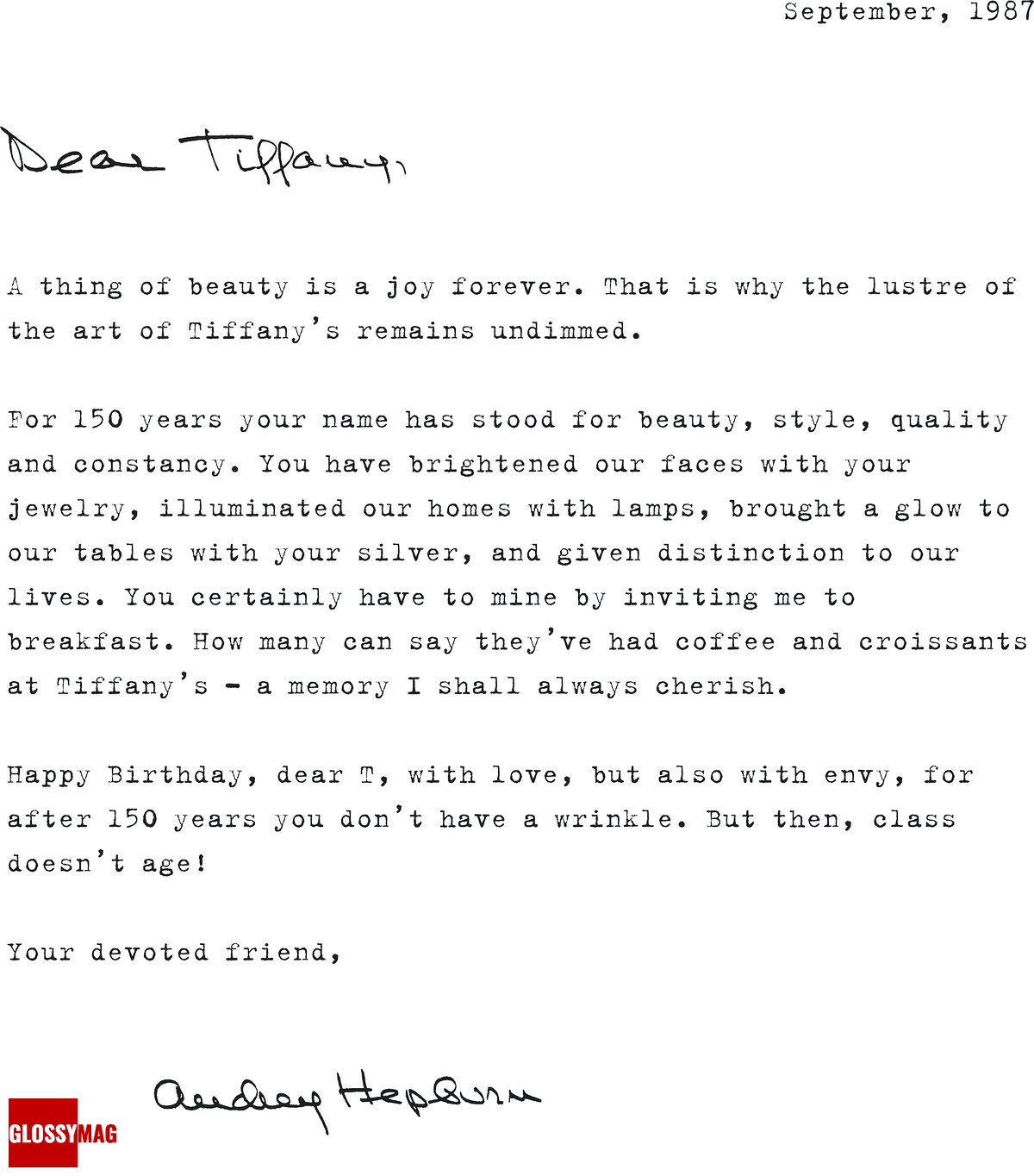 Письмо-поздравление Дому Tiffany & Co. со 150-летием от Одри Хепберн Письмо-поздравление Дому Tiffany & Co. со 150-летием от Одри Хепберн, 1987 г.