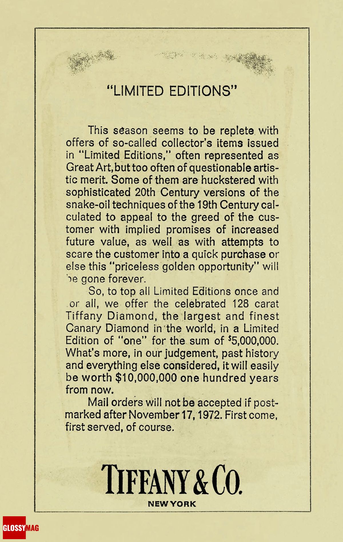 Реклама Tiffany & Co. в номере газеты New York Times за 1972 год Реклама Tiffany & Co. в номере New York Times за 1972 год