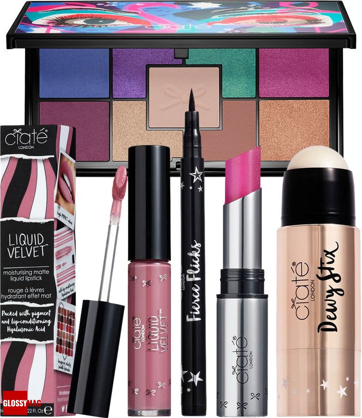 Ciaté London Pretty, Fun and Fearless 9 оттенков, Liquid Velvet, Fierce Flicks, Scrub Stix, Dewy Stix Ciaté London, палетка теней для век Pretty, Fun and Fearless 9 оттенков; увлажняющая жидкая помада для губ с матовым эффектом Liquid Velvet; подводка для глаз Fierce Flicks; отшелушивающий бальзам для губ Scrub Stix; бальзам-хайлайтер Dewy Stix