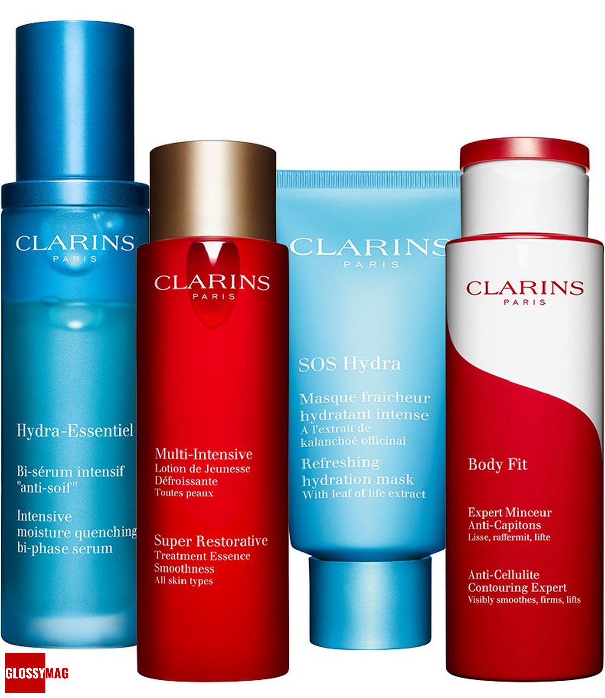 Clarins Hydra-Essentiel, Clarins Multi-Intensive, Clarins SOS Hydra, Clarins Body Fit Clarins, увлажняющая двухфазная сыворотка Hydra-Essentiel; разглаживающий смягчающий флюид для любого типа кожи Multi-Intensive; увлажняющая маска с экстрактом каланхоэ SOS Hydra; антицеллюлитный крем-гель с эффектом лифтинга Body Fit