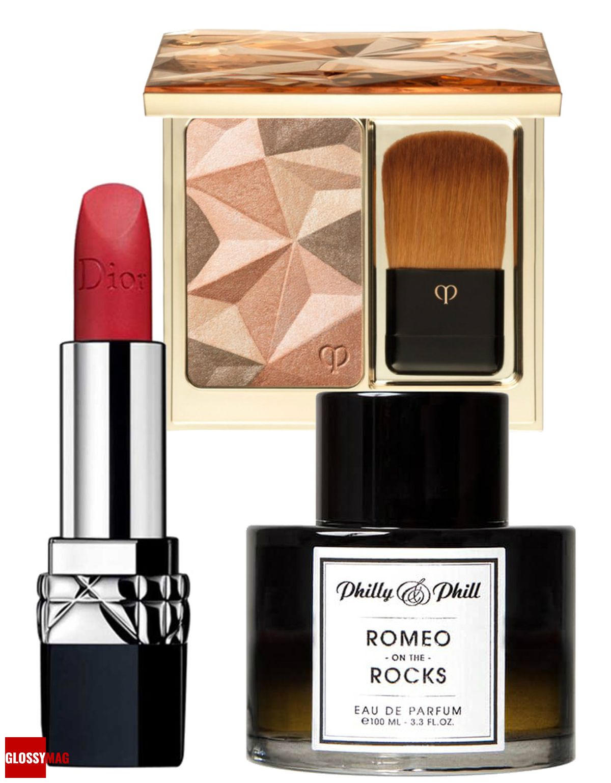 Clé de Peau, пудра-хайлайтер Beauté Luminizing Face Enhancer; Dior, помада Rouge Matte 999; Philly&Phill, Romeo on the Rocks Clé de Peau Beauté Luminizing Face Enhancer, Dior Rouge Matte 999, Philly&Phill Romeo on the Rocks