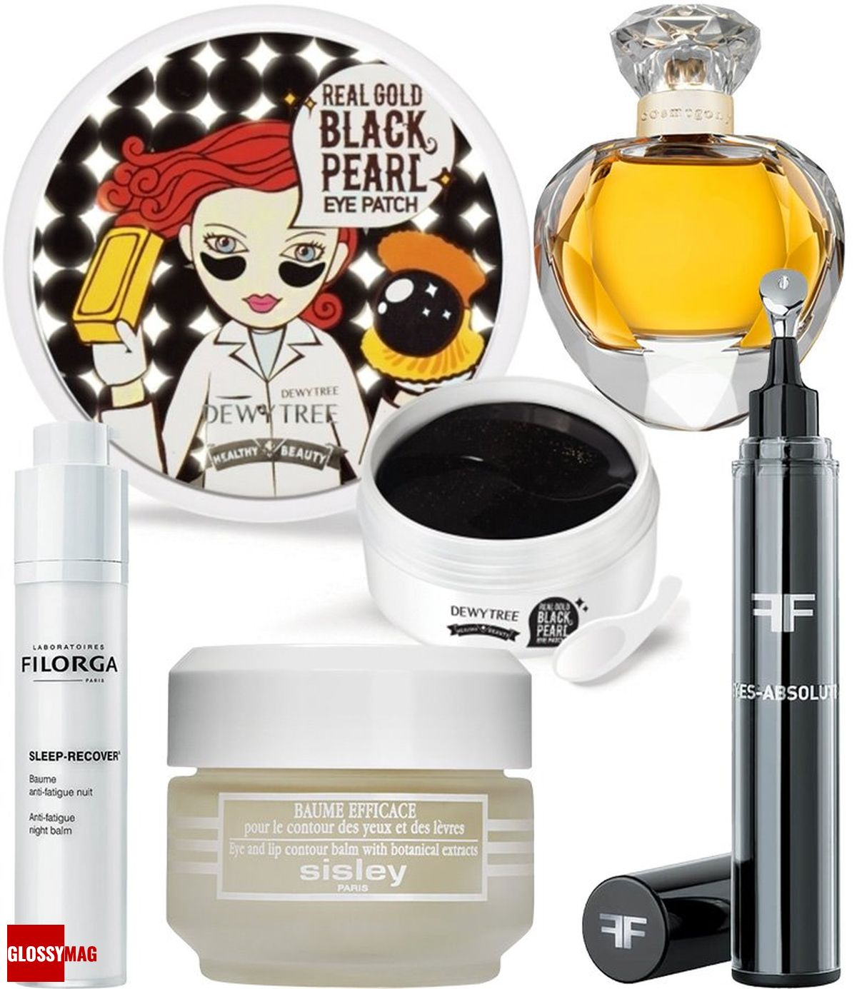 Dewytree Real gold black pearl, Brocard Cosmogony Sun Light, Filorga Sleep-Recover, Sisley Baume Efficace, Filorga Eyes Absolute Dewytree, патчи под глаза с золотом и черным жемчугом Real gold black pearl; Brocard, Cosmogony Sun Light; Filorga, ночной крем Sleep-Recover; Sisley, гель для глаз и губ Baume Efficace; Filorga, комплексный уход за кожей контура глаз Eyes Absolute