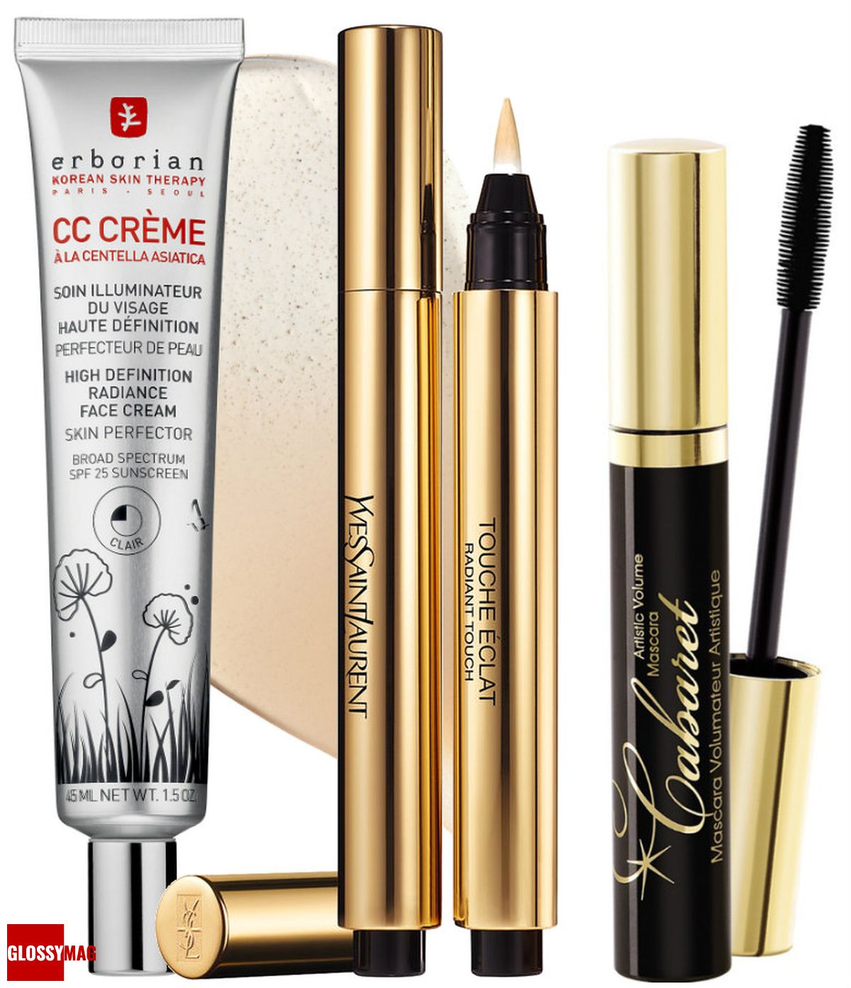 Erborian, CC Crème High Definition Radiance Face Cream Skin Perfector; Yves Saint Laurent, корректирующий карандаш Touche Éclat Radiant Touch; Vivienne Sabo, тушь для ресниц Cabaret