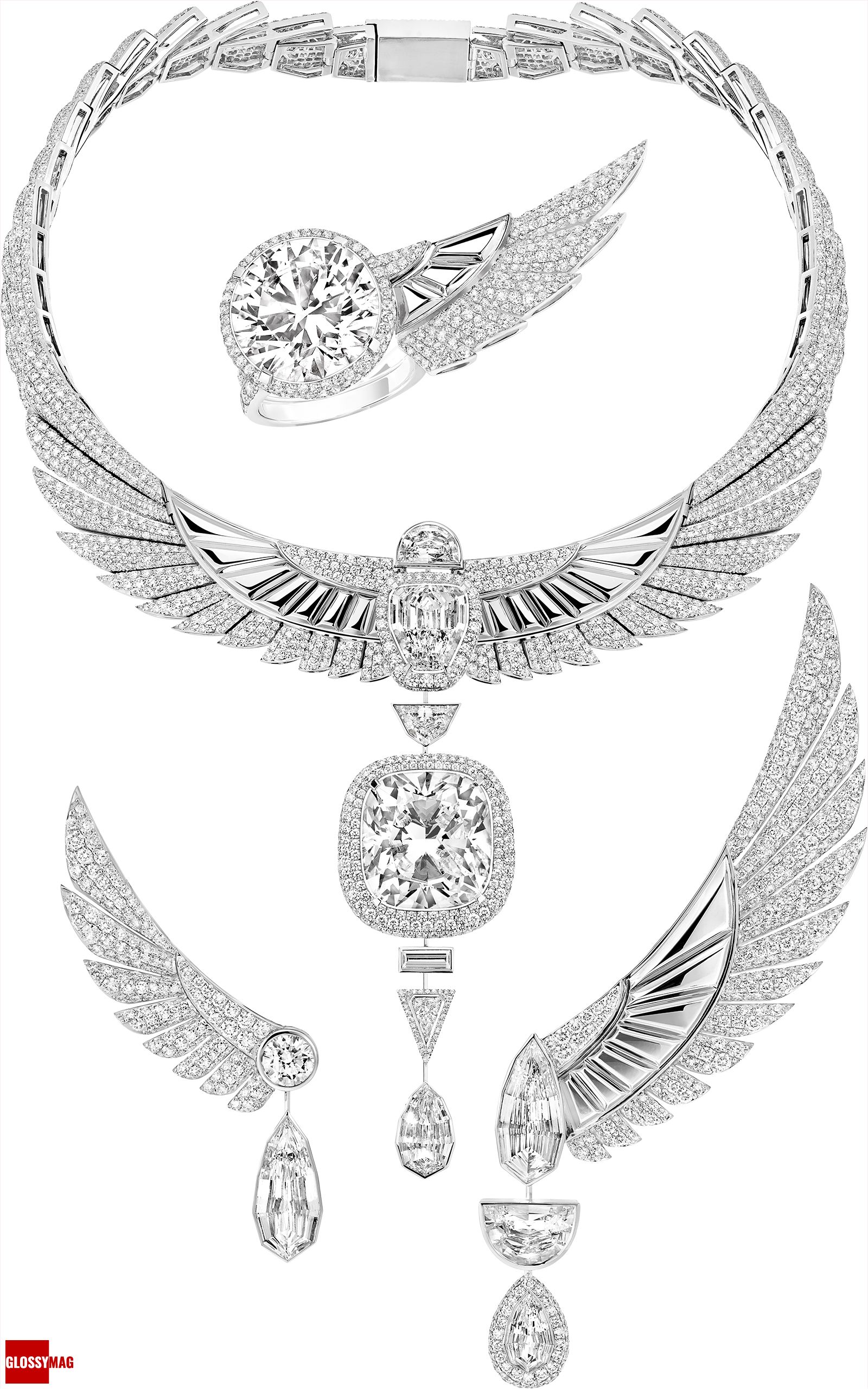 Messika, ожерелье, кольцо, серьги из коллекции Beyond the Light Сет Akh-Ba-Ka из коллекции Messika High Jewellery 2022: колье-трансформер, серьги и кольцо