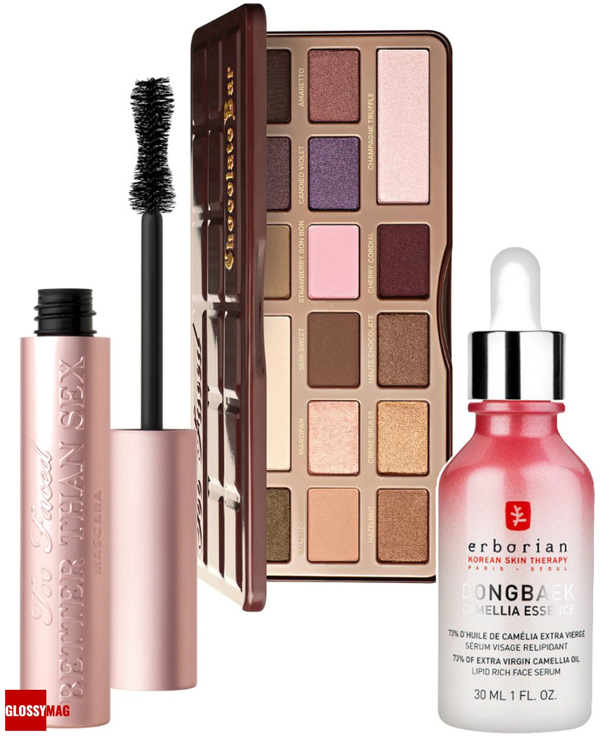 Too Faced Better than Sex, Chocolate Bar, Erborian Dongbaek Camellia Essence Too Faced, тушь для ресниц объемная Better than Sex; Too Faced, палетка теней с натуральной пудрой какао Chocolate Bar; Erborian, эликсир восстанавливающий Dongbaek Camellia Essence
