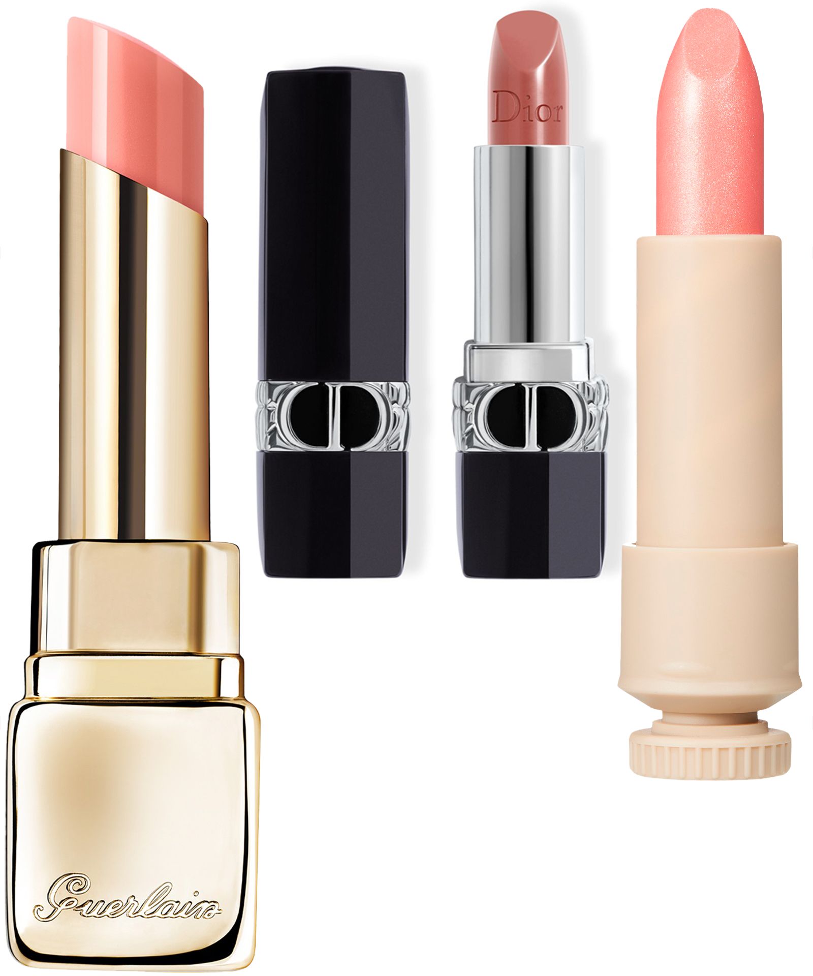 Guerlain, медовый бальзам-тинт для губ, оттенок 309 Медовый (Honey Glow); Dior, помада-бальзам для губ с сатиновым финишем, оттенок 100 Естественный; Russian Beauty Guru, глянцевая помада-бальзам, оттенок 1