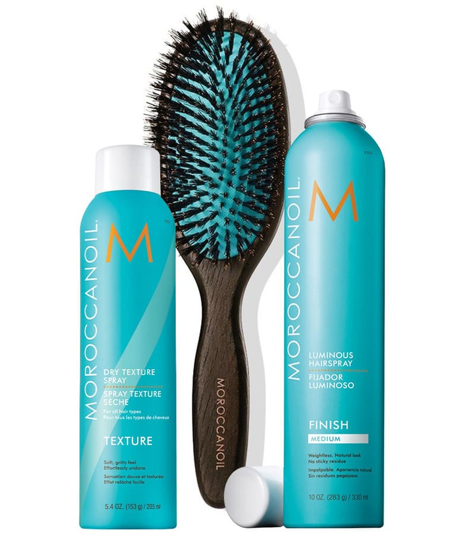 Moroccanoil, сухой текстурирующий спрей Dry Texture Spray; щетка из щетины кабана Boar Bristle Classic Brush; лак для волос средней фиксации Luminous Hairspray Medium Moroccanoil Dry Texture Spray; Boar Bristle Classic Brush; Luminous Hairspray Medium
