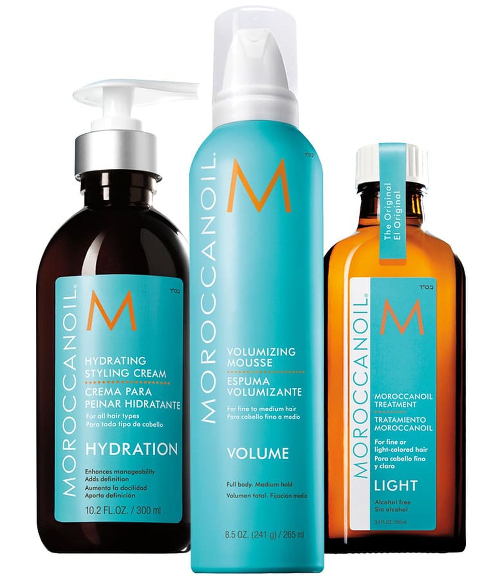 Moroccanoil, увлажняющий крем для укладки Hydrating Styling Creme; мусс для объема Volumizing Mousse; восстанавливающее средство для тонких и светлоокрашенных волос Treatment Light Moroccanoil Hydrating Styling Creme; Volumizing Mousse; Treatment Light