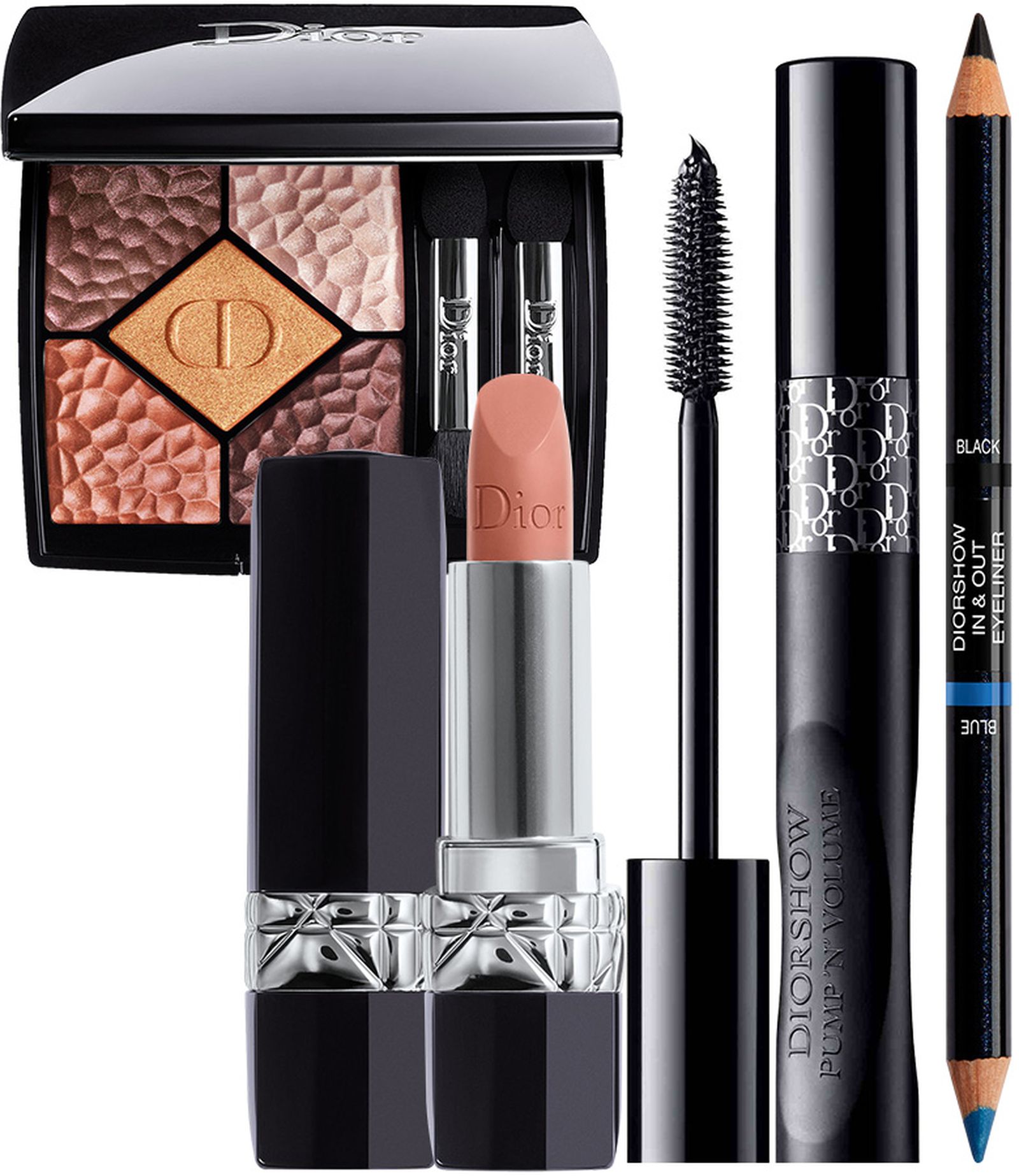 Dior, палитра теней для век — цвета & эффекты высокой моды 5 Couleurs Wild Earth, оттенок Terra; помада Rouge Dior, оттенок Sensual Matte; профессиональная тушь для ресниц — мгновенный объем xxl Diorshow Pump ’N’ Volume Hd; водостойкая подводка для глаз Diorshow In & Out, оттенок 001 Blue/Black Dior 5 Couleurs Wild Earth Terra, Rouge Dior Sensual Matte, Diorshow Pump ’N’ Volume Hd, Diorshow In & Out Blue/Black