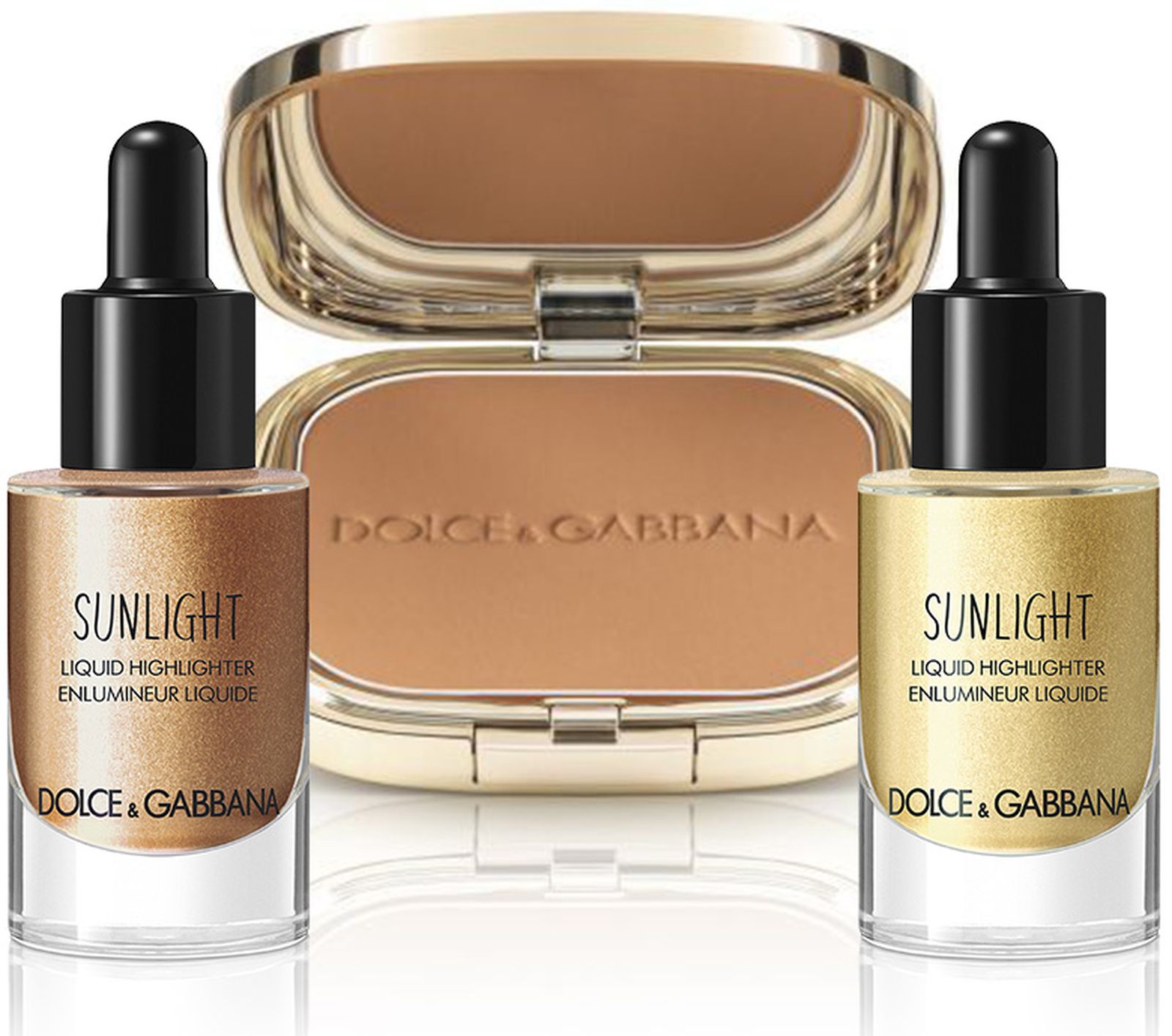 Dolce&Gabbana beauty, жидкий хайлайтер Sunlight, оттенок Sunset 02; бронзирующая пудра Bronzer, оттенок Cashmere 15; жидкий хайлайтер Sunlight, оттенок Sunrise 01 Dolce&Gabbana beauty жидкий хайлайтер Sunlight, Bronzer, хайлайтер Sunlight