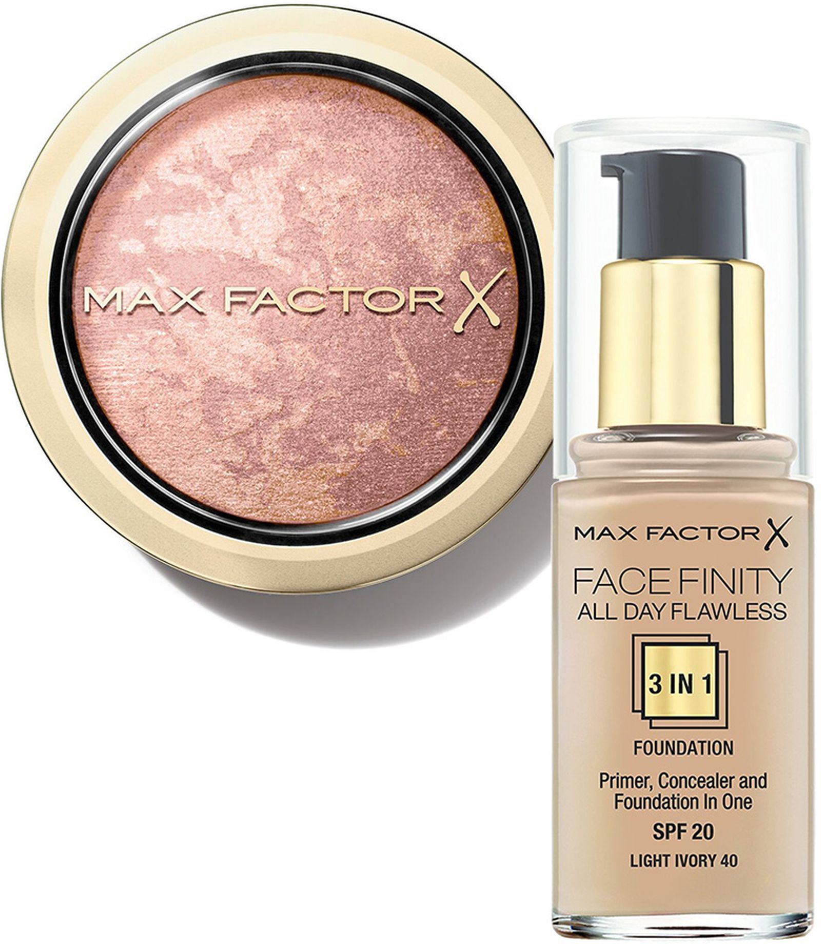 Max Factor, румяна Creme Puff Blush, оттенок Nude Mauve; тональная основа Facefinity All-Day Flawless 3 в 1, оттенок Light Ivory