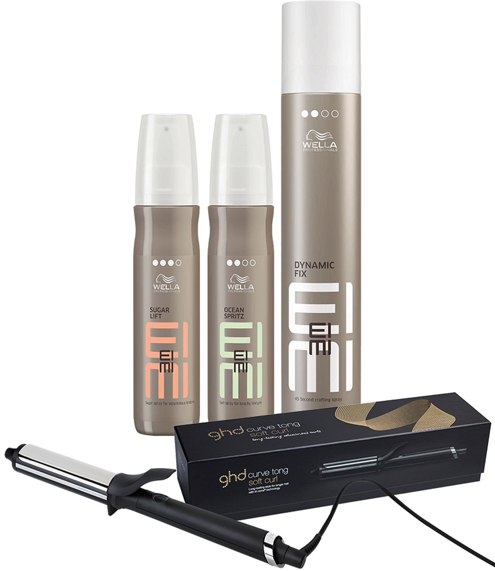 Wella Professionals Sugar Lift EIMI, Ocean Spritz EIMI, Dynamic Fix EIMI, Ghd curve soft curl tong
